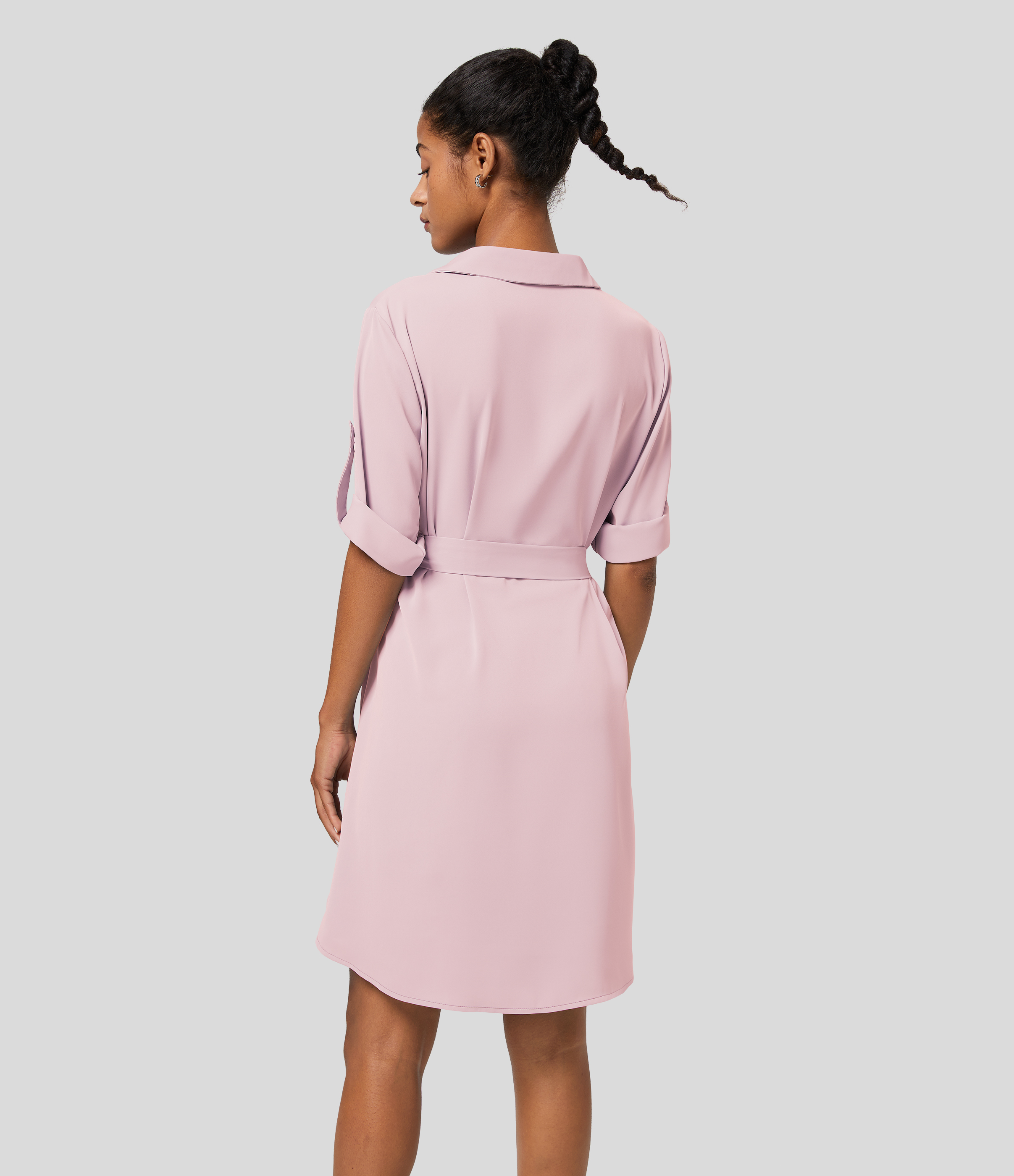 Halara Collared Roll Up Sleeve Belted Midi Work Shirt Dress Casual Dress - Ballet Slipper - L slip dress beach dress ruched dress 
