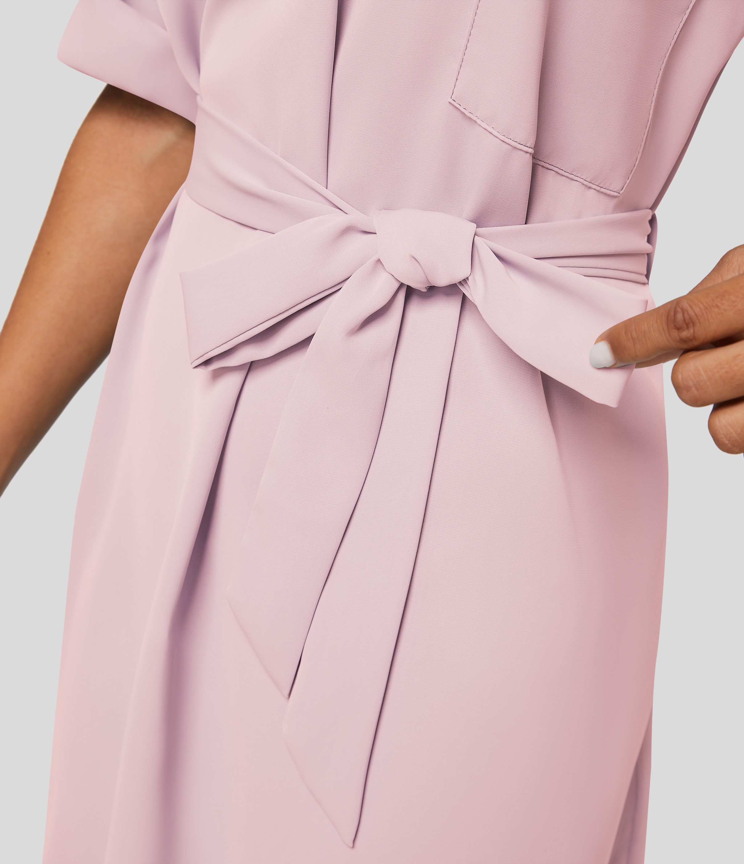 Halara Collared Roll Up Sleeve Belted Midi Work Shirt Dress Casual Dress - Ballet Slipper - L slip dress beach dress ruched dress 