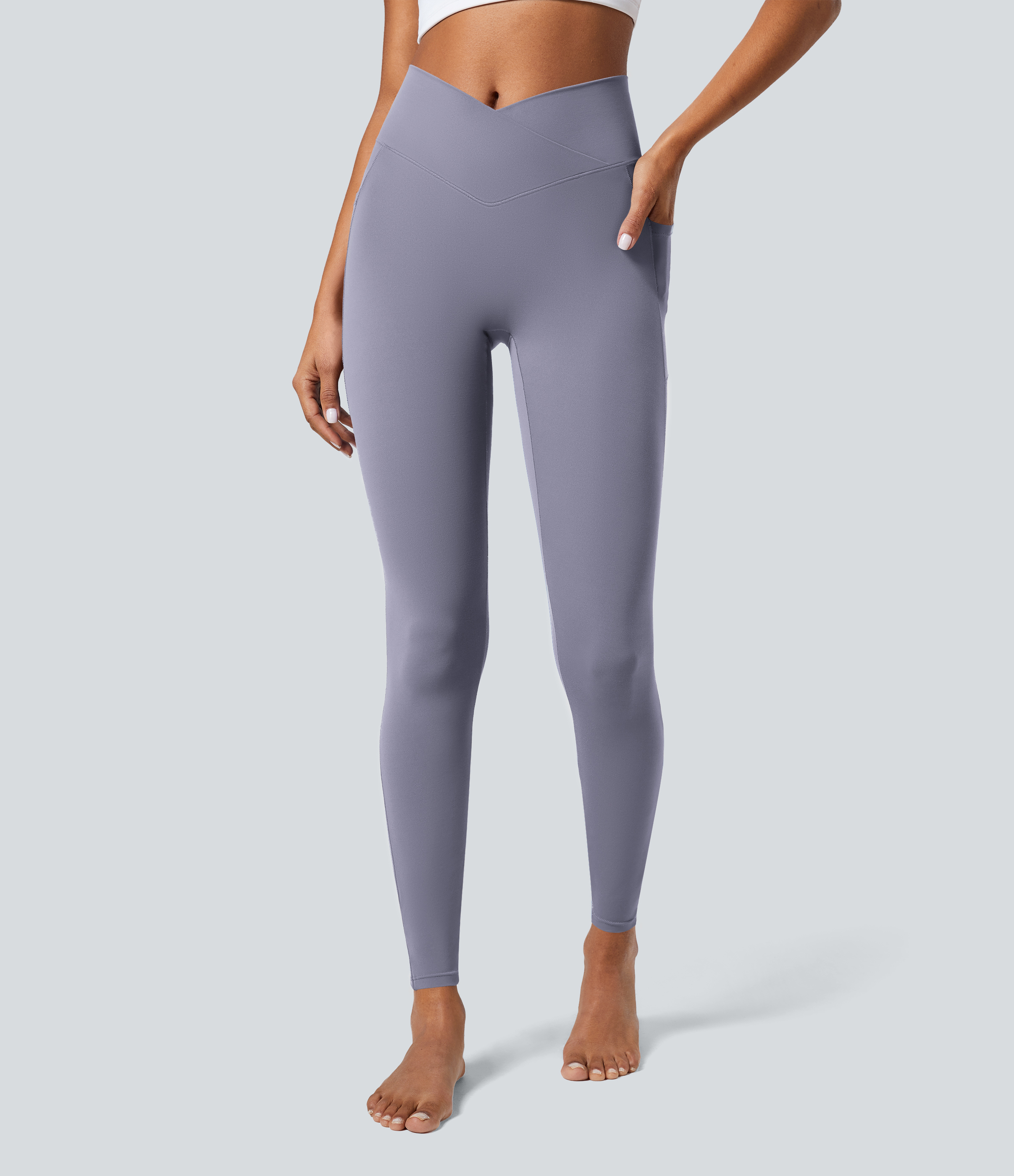 Halara Softlyzeroв„ў Crossover Pocket Plain Leggings-UPF50+  - Light Gray Violet - XS(7/8) gym leggings leggings with pockets 