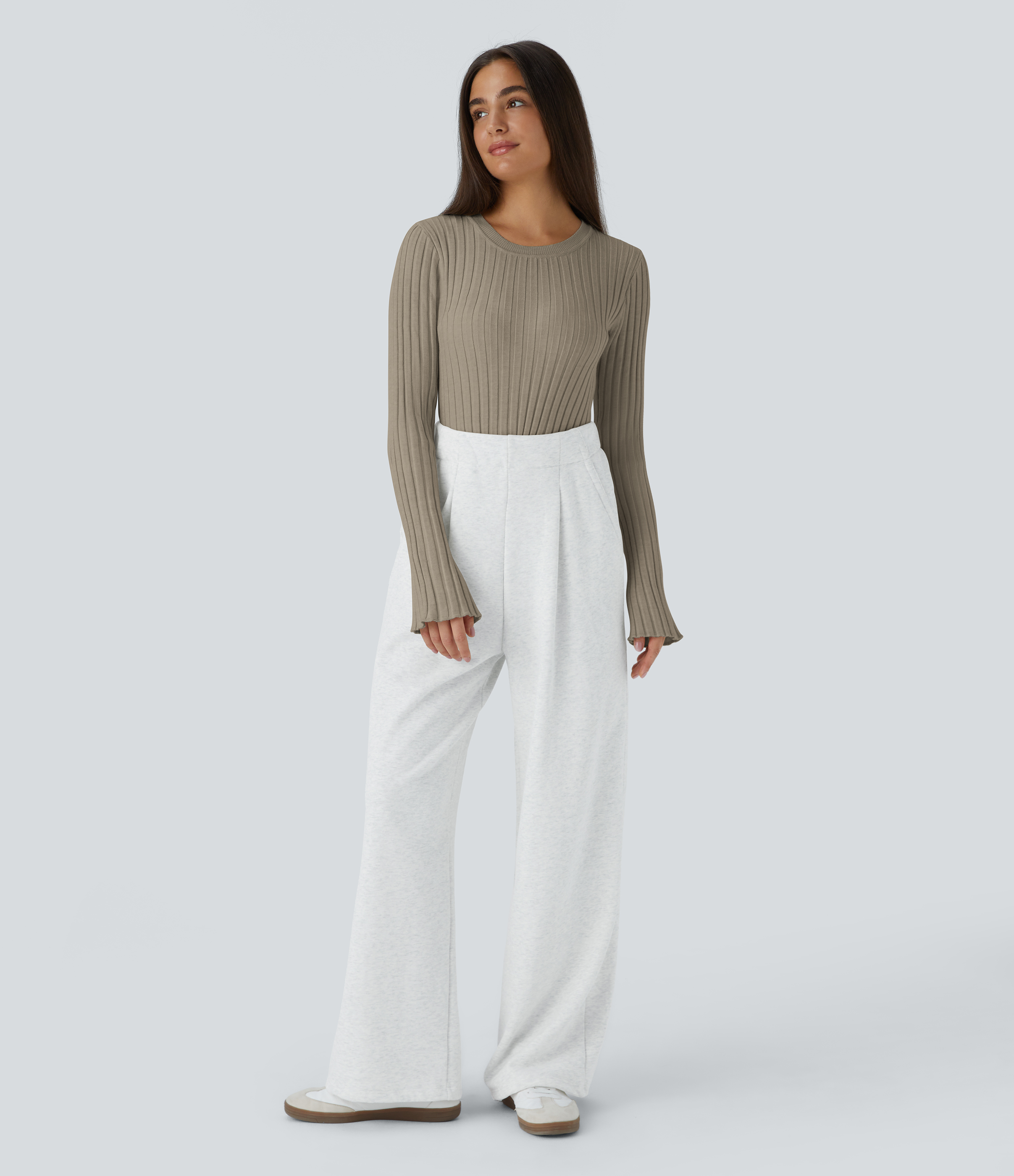 Halara Round Neck Long Sleeve Frill Casual Sweater  - Winter Twig - XS 