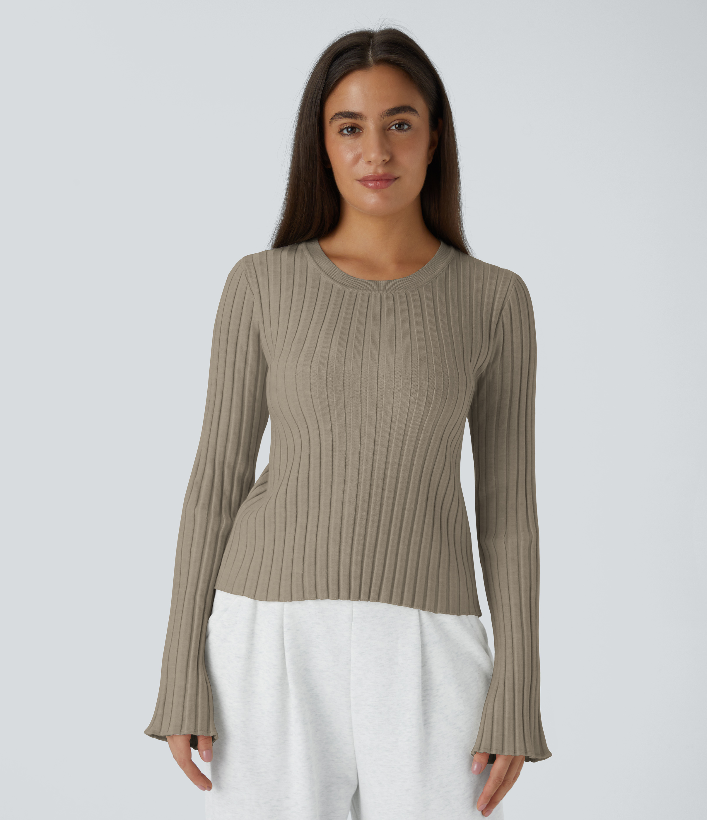 Halara Round Neck Long Sleeve Frill Casual Sweater  - Winter Twig - XS 