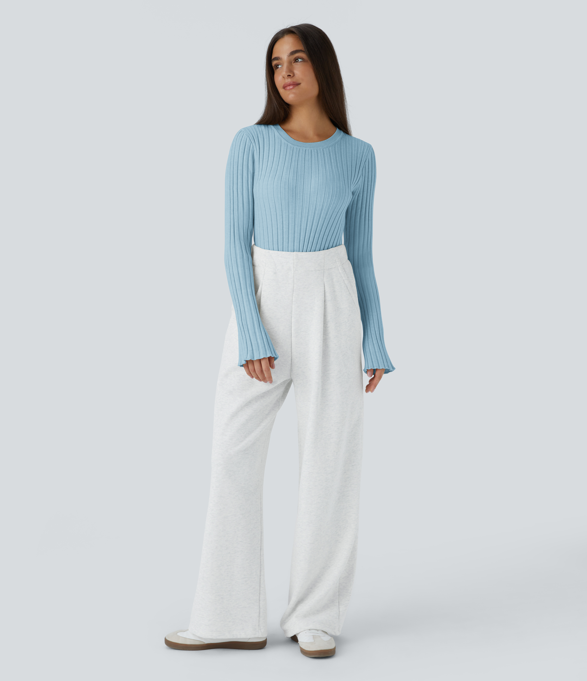 Halara Round Neck Long Sleeve Frill Casual Sweater  - Corydalis Blue - XL 