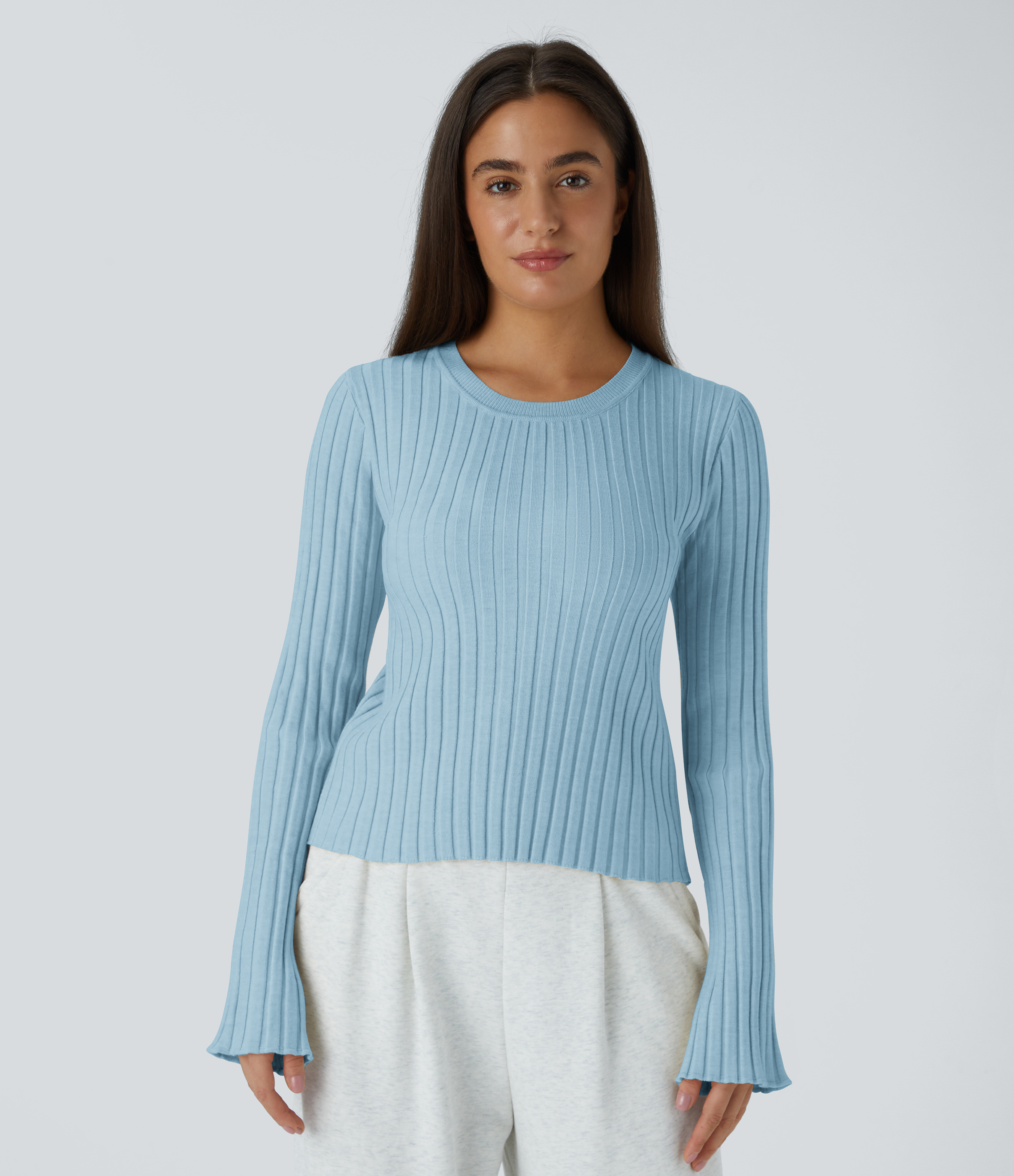 Halara Round Neck Long Sleeve Frill Casual Sweater  - Corydalis Blue - XL 