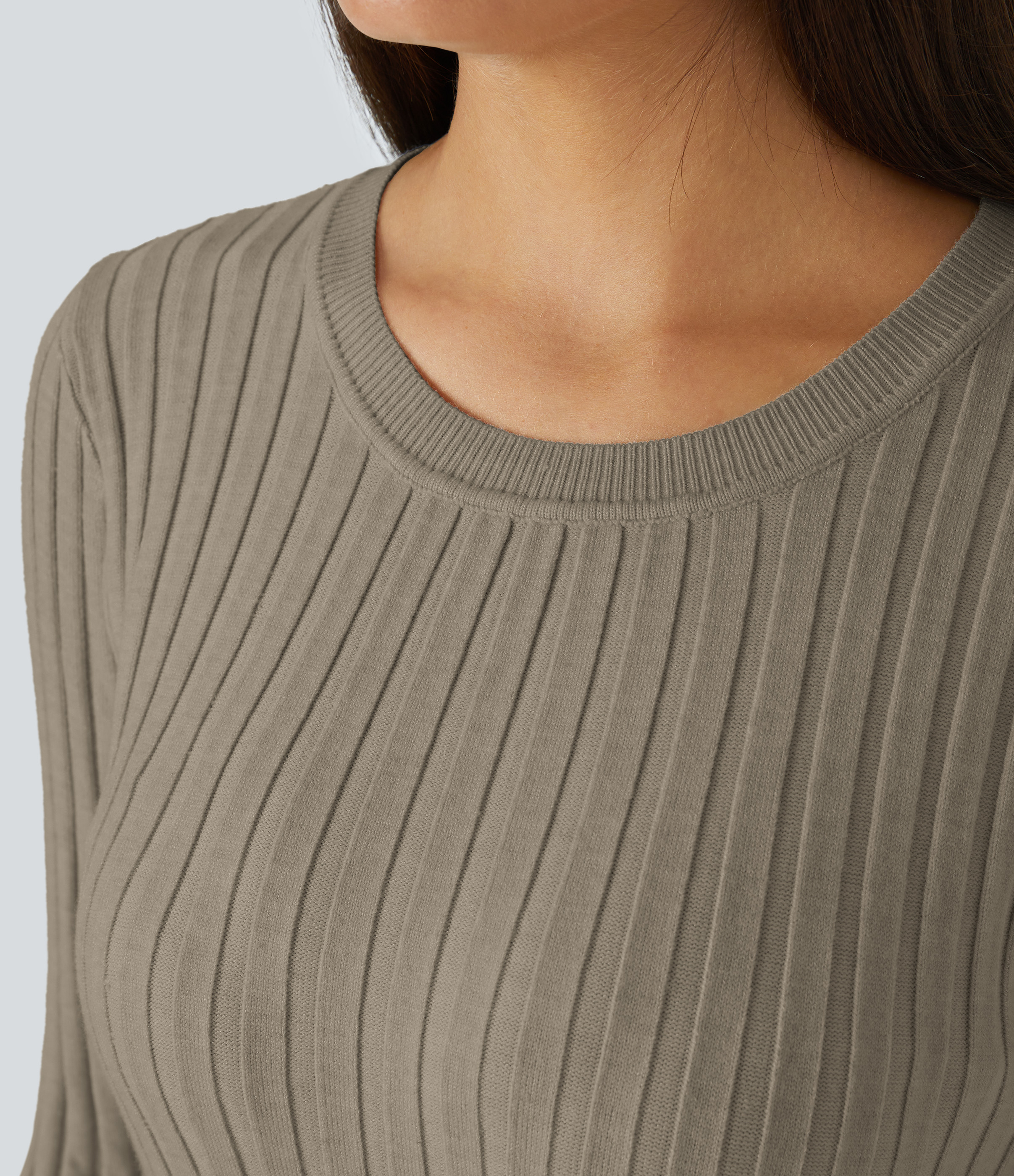 Halara Round Neck Long Sleeve Frill Casual Sweater  - Winter Twig - XS 