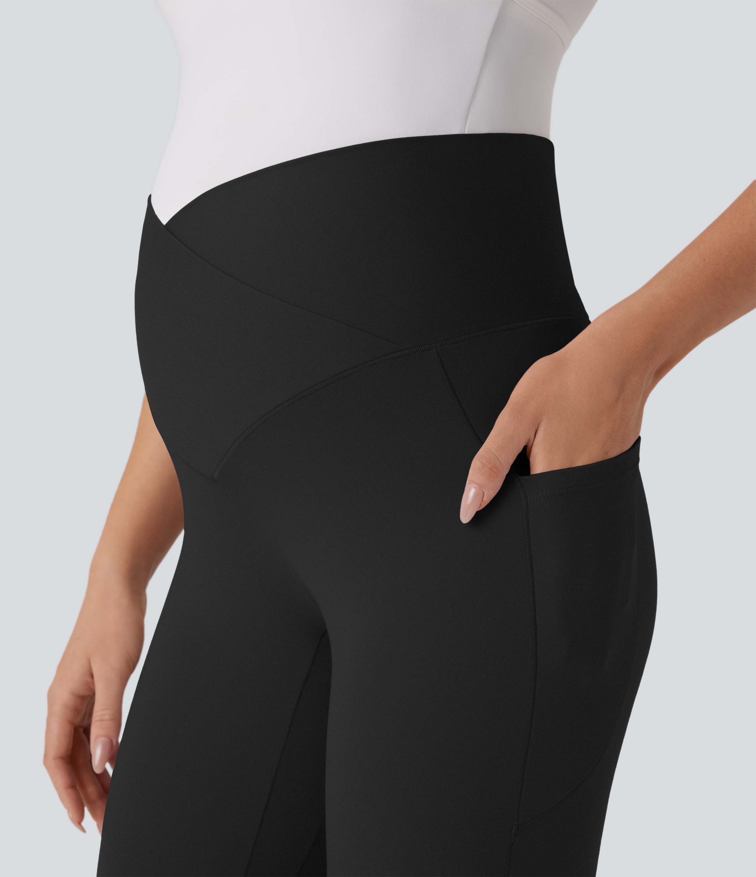 Halara Softlyzeroв„ў Super High Waisted Crossover Side Pocket 7/8 Yoga Maternity Leggings-UPF50+  - Black - L(7/8) gym leggings 