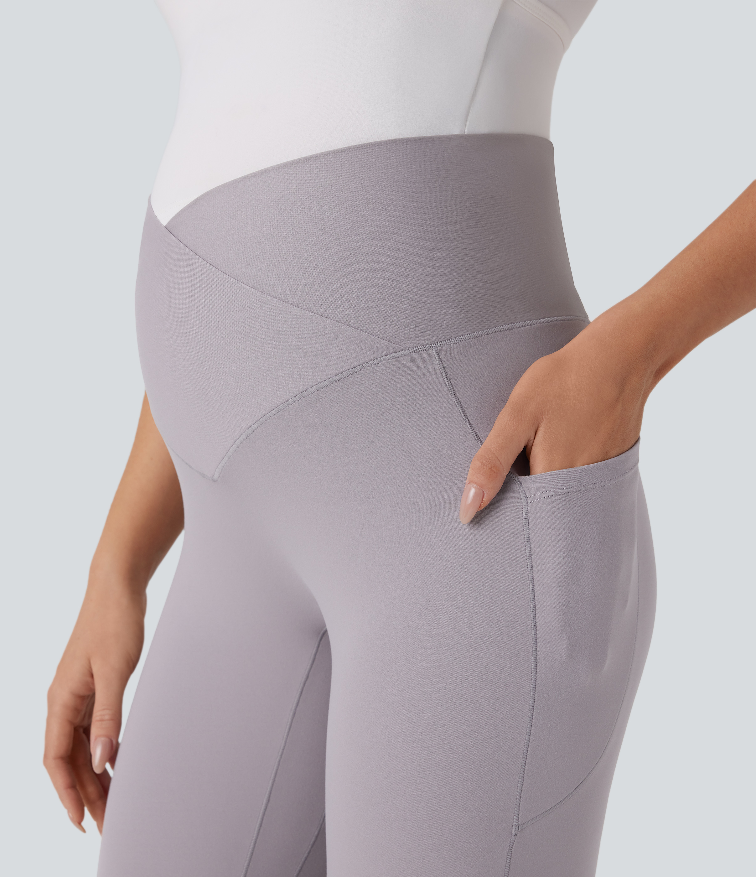Halara Softlyzeroв„ў Super High Waisted Crossover Side Pocket 7/8 Yoga Maternity Leggings-UPF50+  - Steel Gray - XL(7/8) gym leggings 
