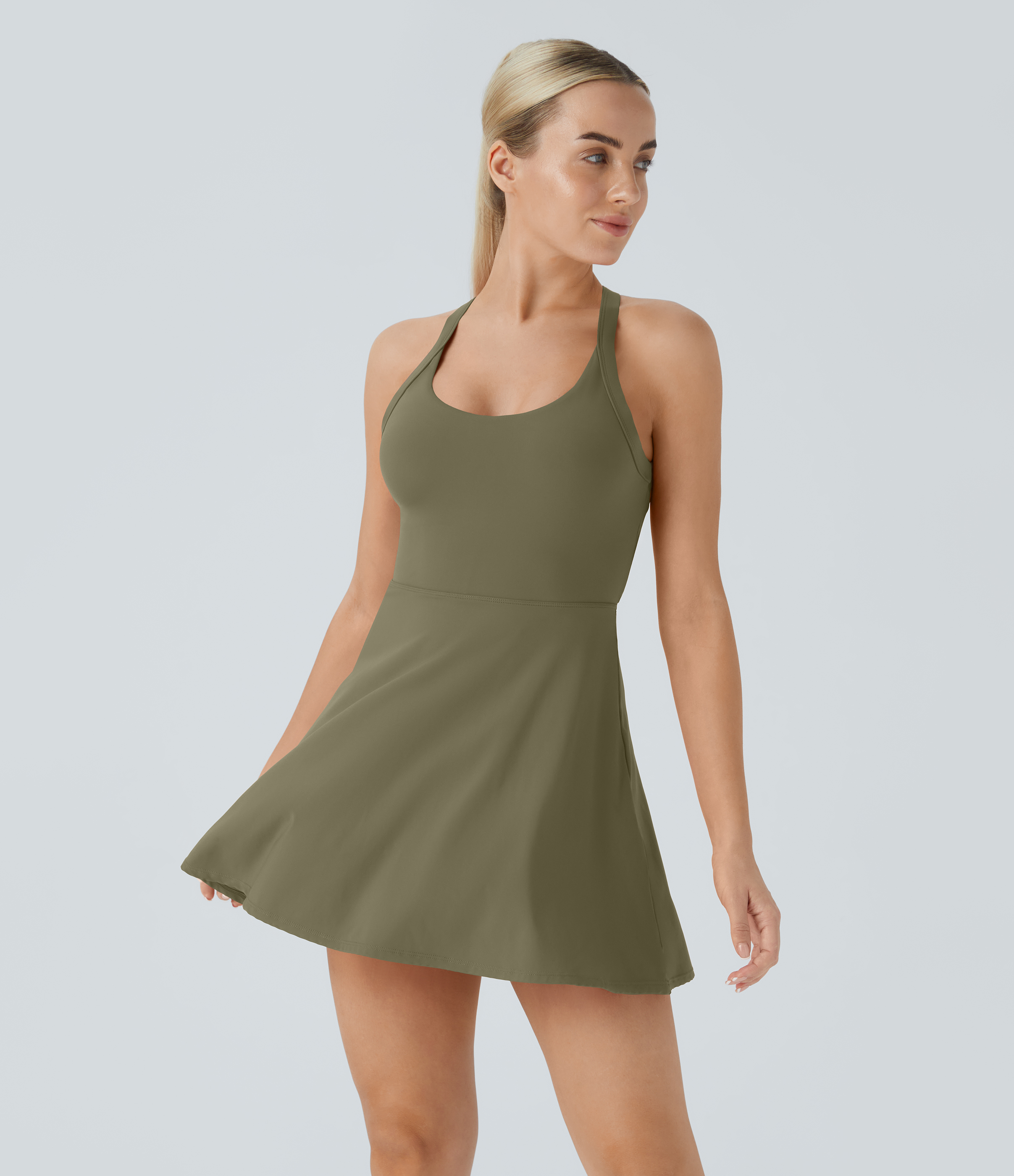 Halara Backless Cut Out Twisted Side Pocket 2-in-1 Barre Ballet Dance Dress Workout Dress - Withered Green - M 