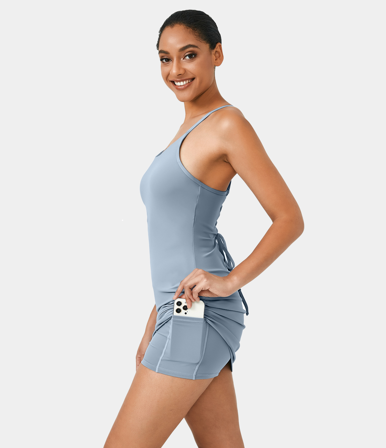 Halara Backless Lace Up Drawstring 2-Piece Pocket Bodycon Mini Slip Casual Dress Workout Dress - Snowflake Blue - XL 