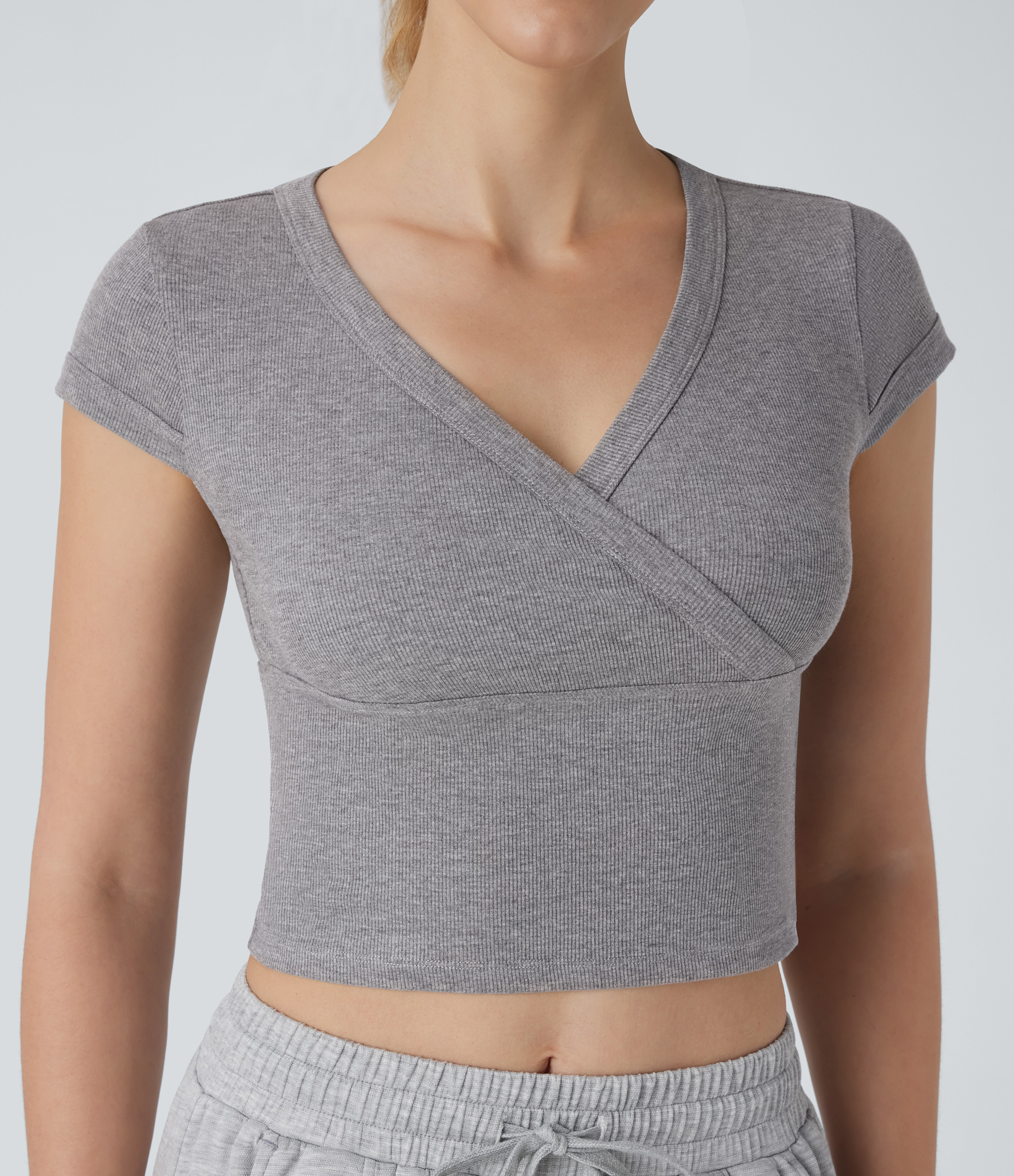 Halara Ribbed V Neck Crossover Short Sleeve Cropped Casual Top Tank Top - Ash Grey - XL golf tops halter top tunic tops sleeveless tops 