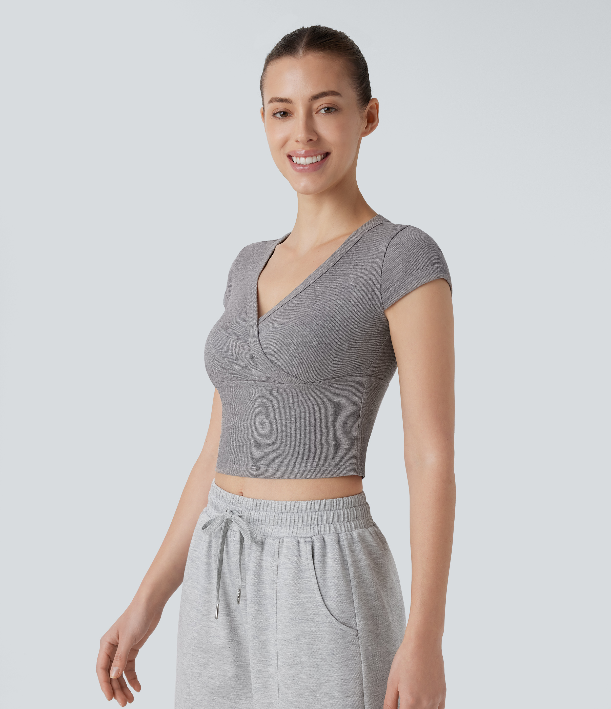 Halara Ribbed V Neck Crossover Short Sleeve Cropped Casual Top Tank Top - Ash Grey - XL golf tops halter top tunic tops sleeveless tops 