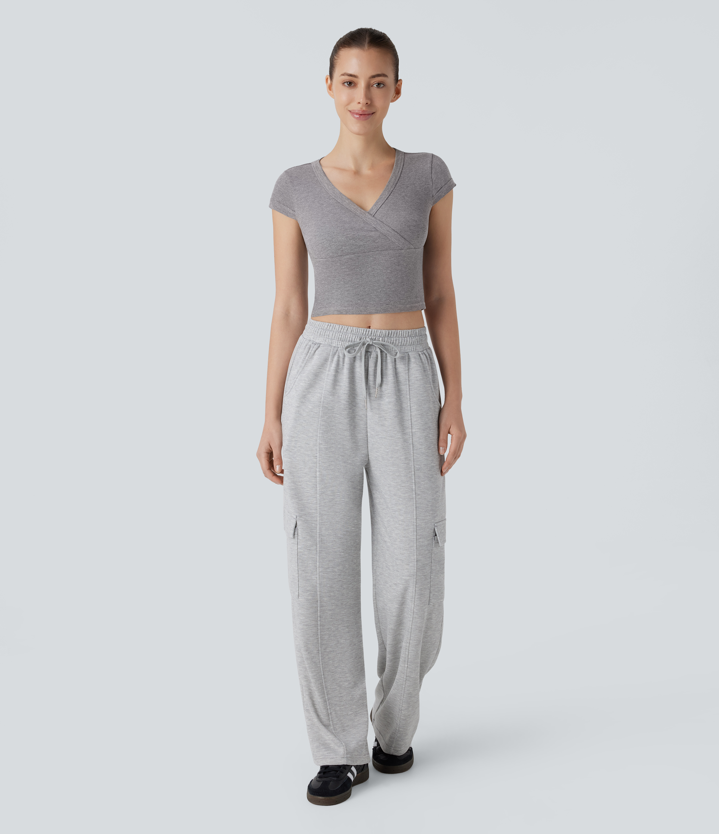 Halara Ribbed V Neck Crossover Short Sleeve Cropped Casual Top Tank Top - Ash Grey - XL golf tops halter top tunic tops sleeveless tops 