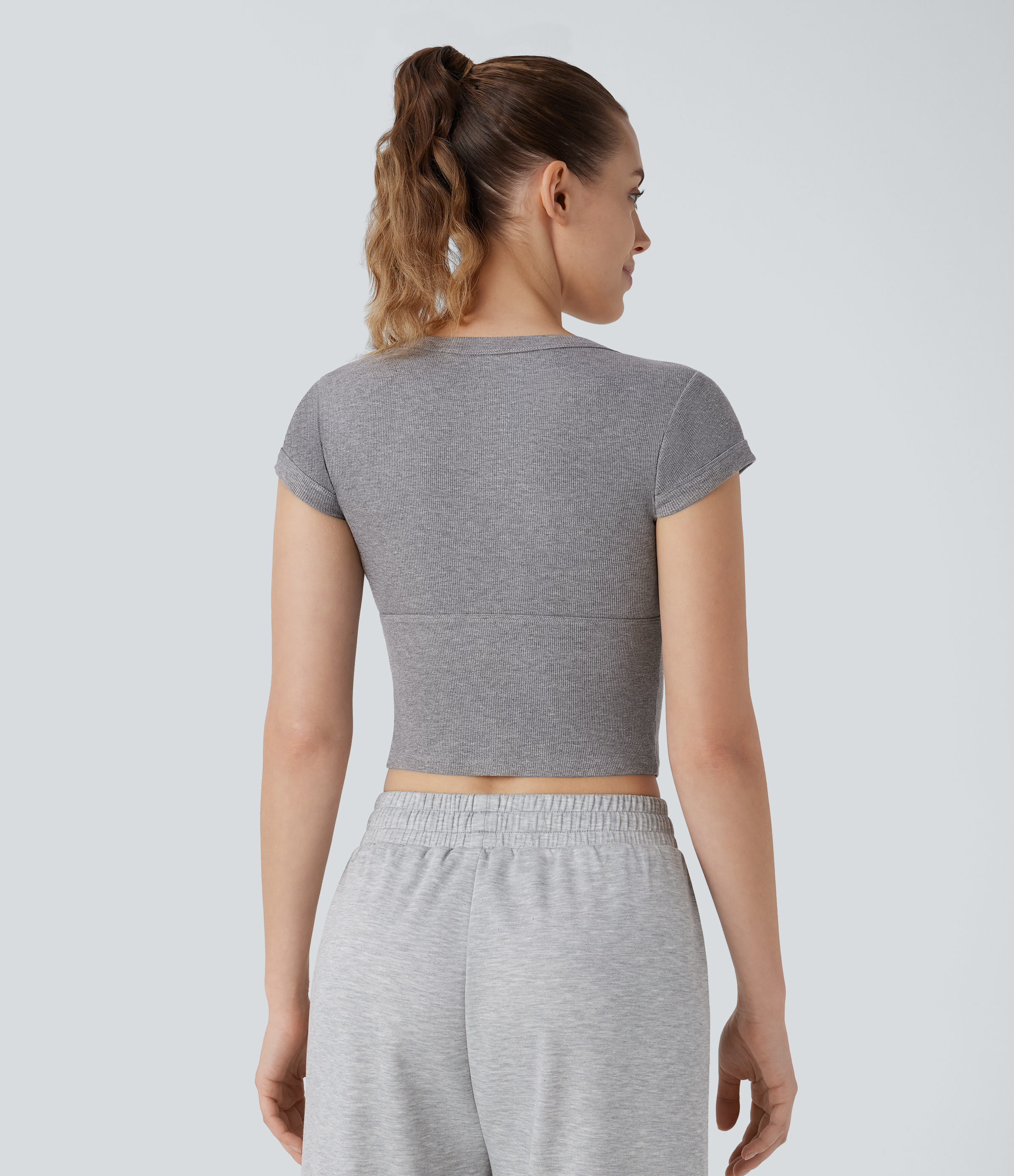 Halara Ribbed V Neck Crossover Short Sleeve Cropped Casual Top Tank Top - Ash Grey - XL golf tops halter top tunic tops sleeveless tops 