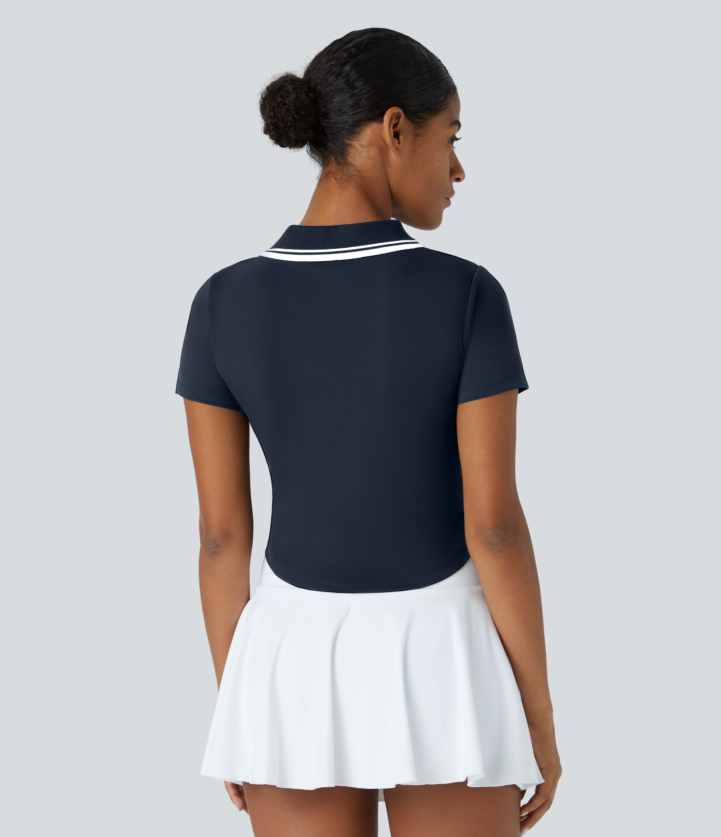 Halara Collared Zipper Short Sleeve Curved Hem Color Block Tennis Sports Top  - Navy Blazer - XS 