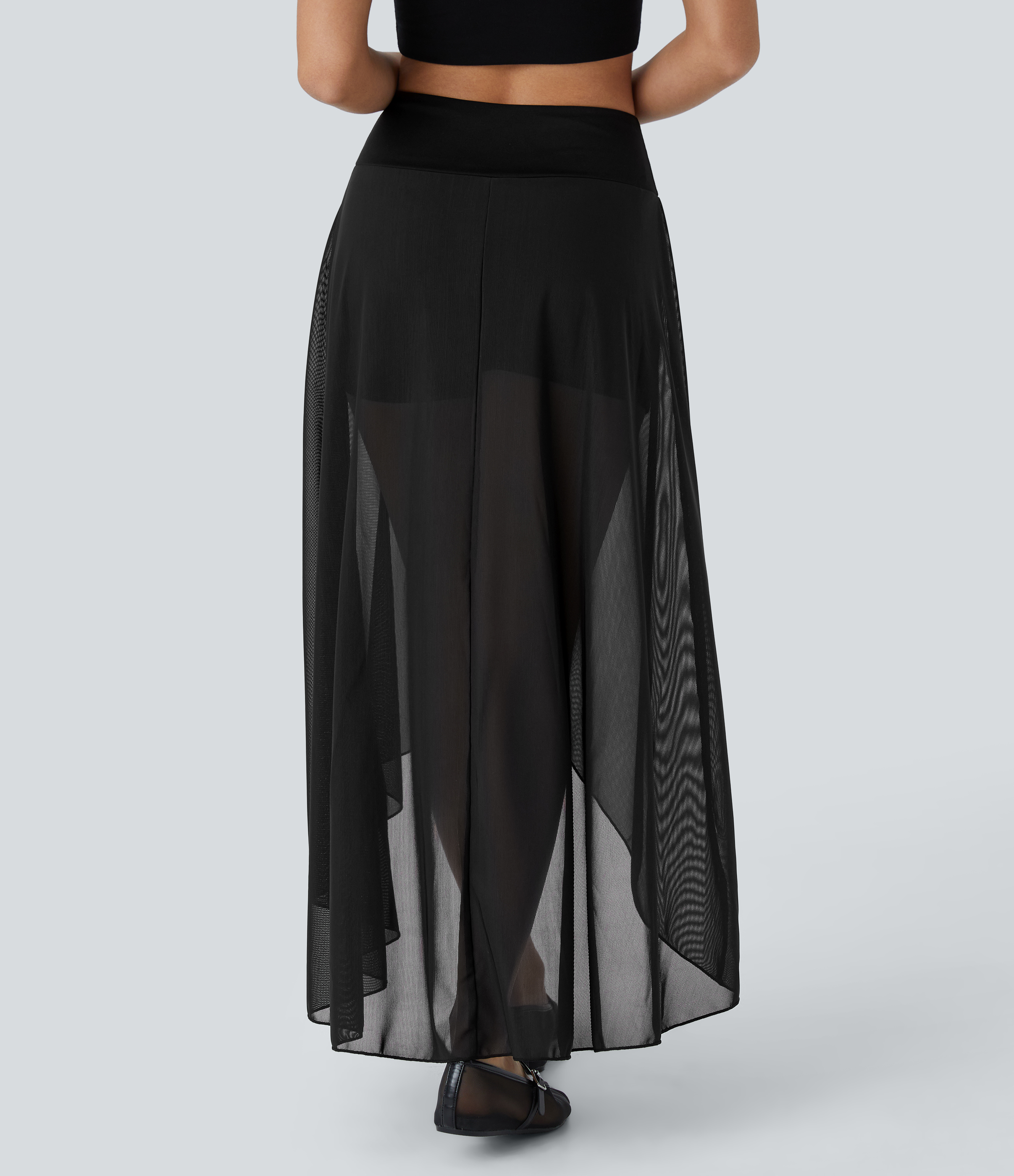 Halara High Waisted High Low Ruffle 2-in-1 Side Pocket Flare Mesh Casual Regular Maxi Skirt  - Black - XL midi skirt a line skirt 