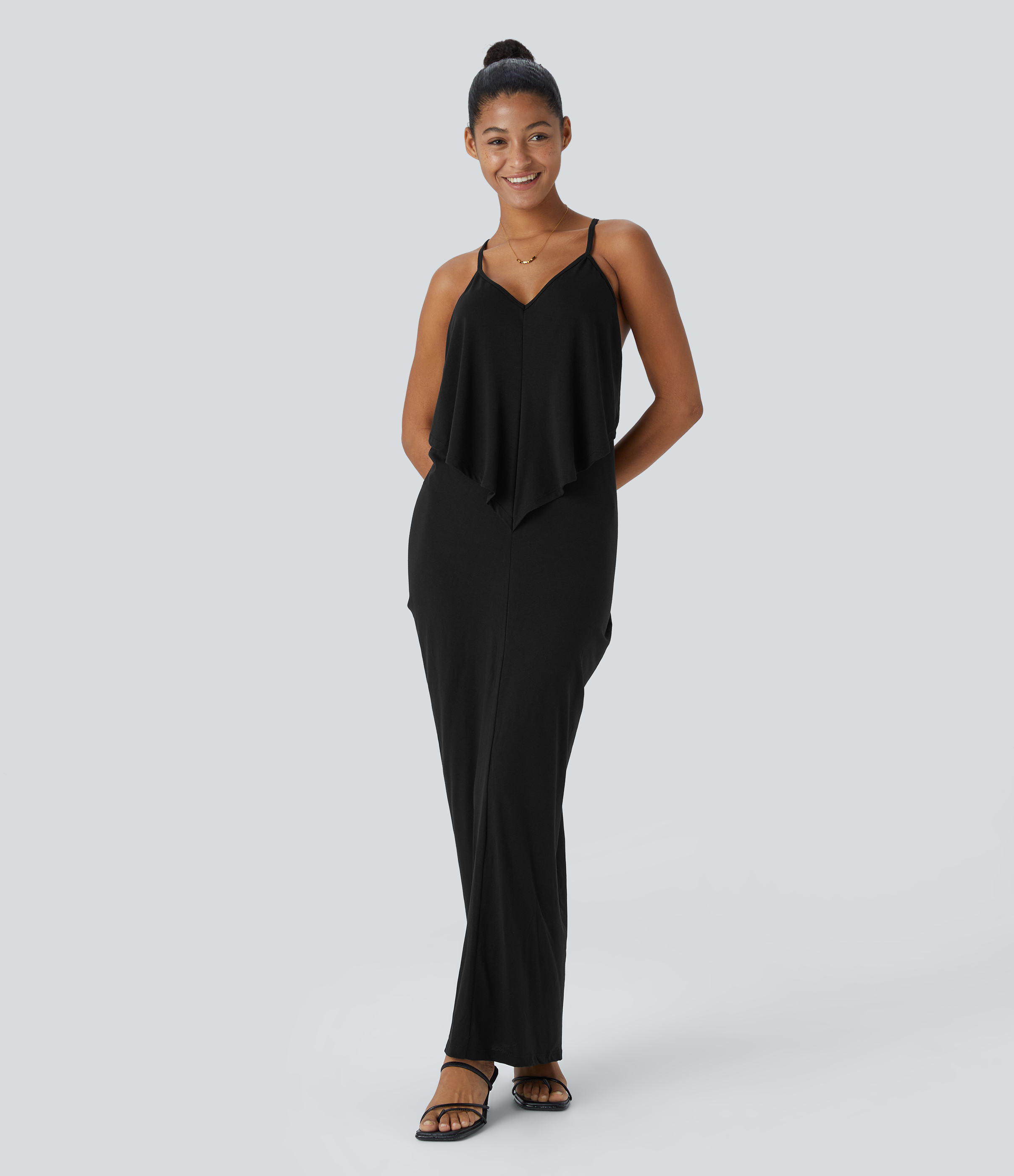 Halara V Neck Backless Tie Back Ruched Maxi Resort Slip Dress Casual Dress - Black - XS slip dress beach dress ruched dress halter dress 