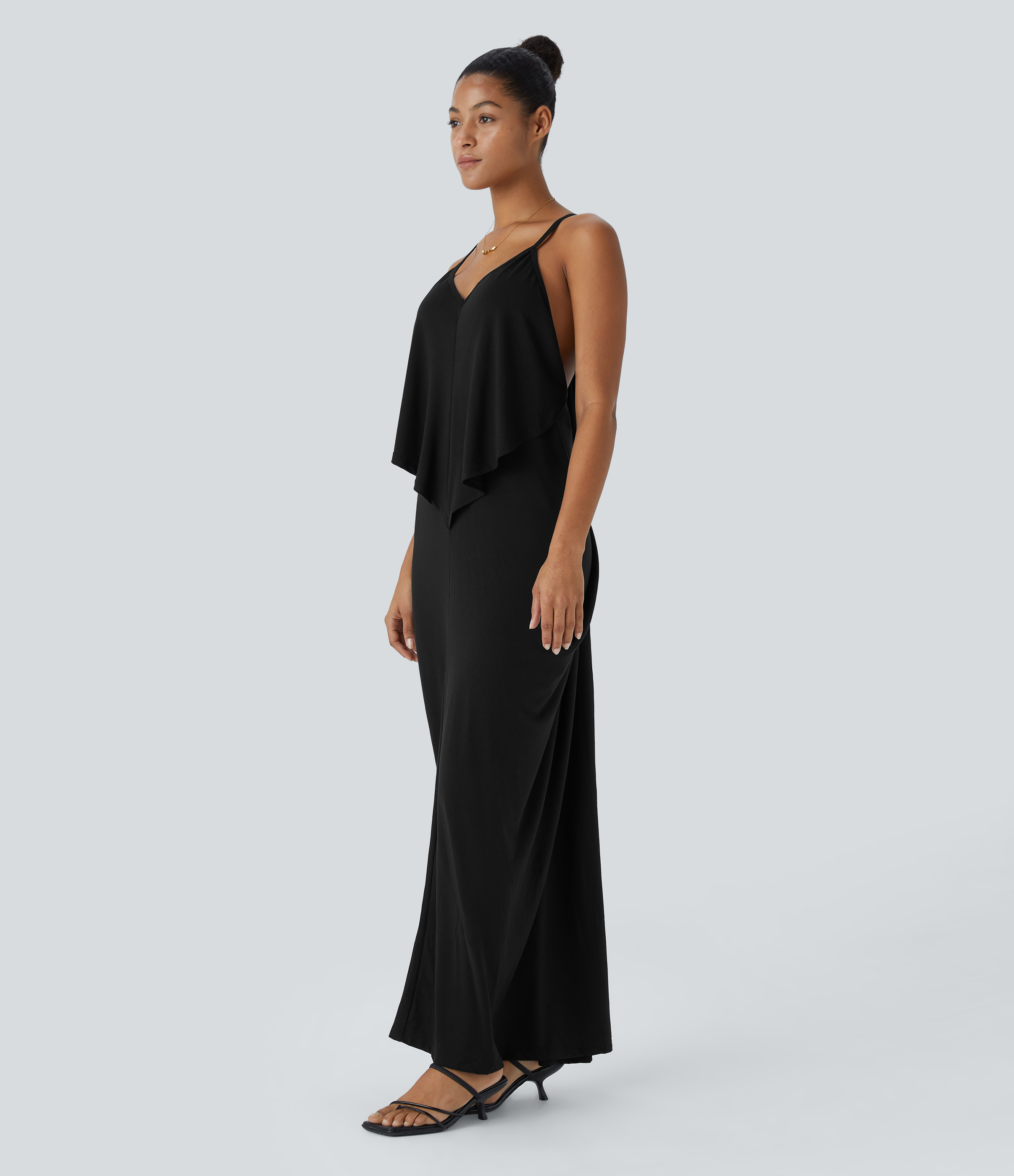 Halara V Neck Backless Tie Back Ruched Maxi Resort Slip Dress Casual Dress - Black - XS slip dress beach dress ruched dress halter dress 