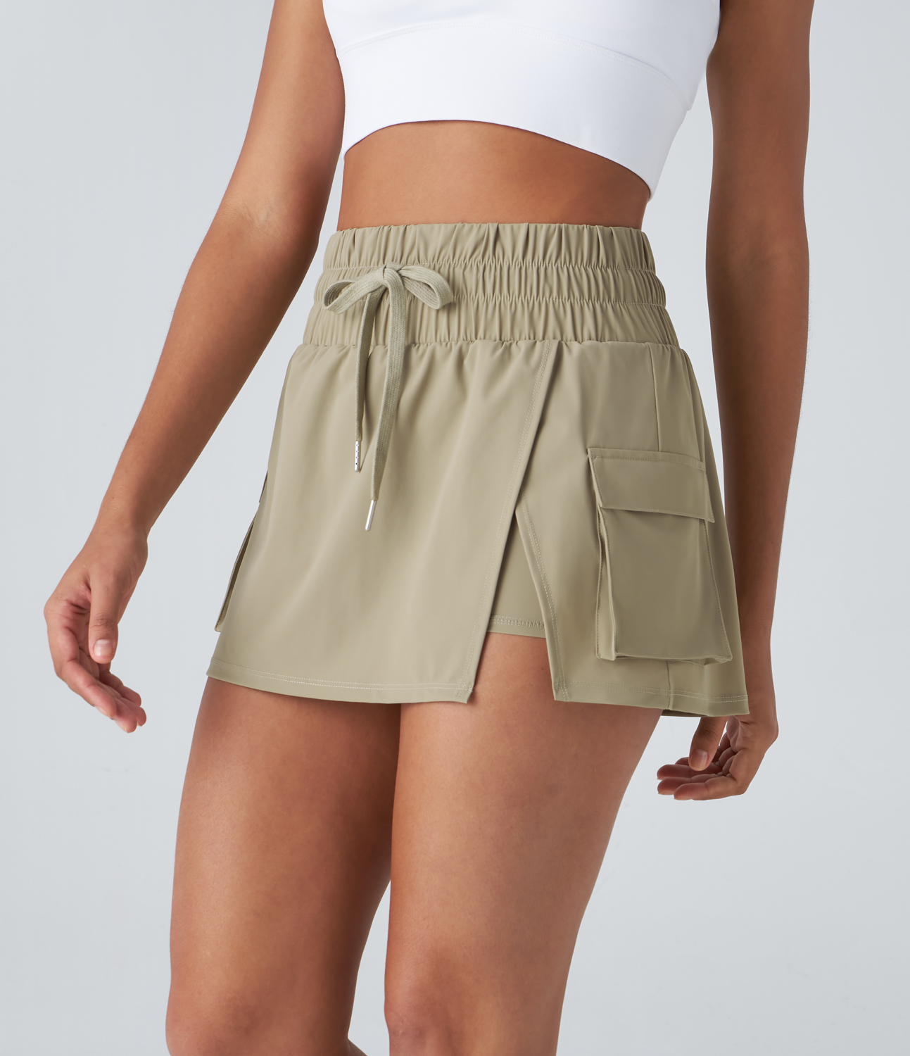 

Halara High Waisted Drawstring Flap Pocket Split 2-in-1 Mini Hiking Cargo Skirt - Earthen Yellow -  midi skirt a line skirt