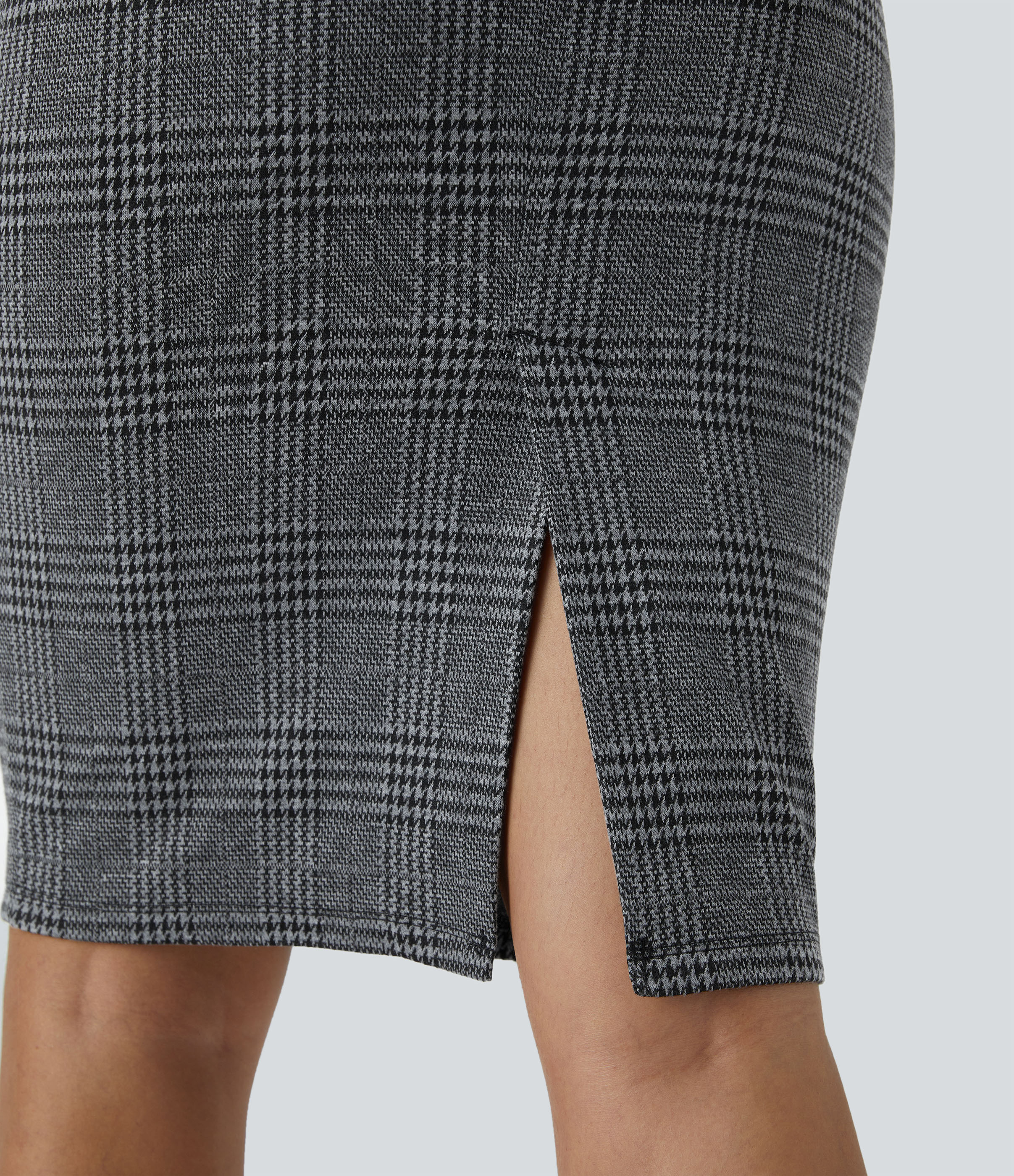 Halara High Waisted Split Hem Houndstooth Plaid Work Pencil Skirt  - Dark Gray Plaid - XS(regular) 