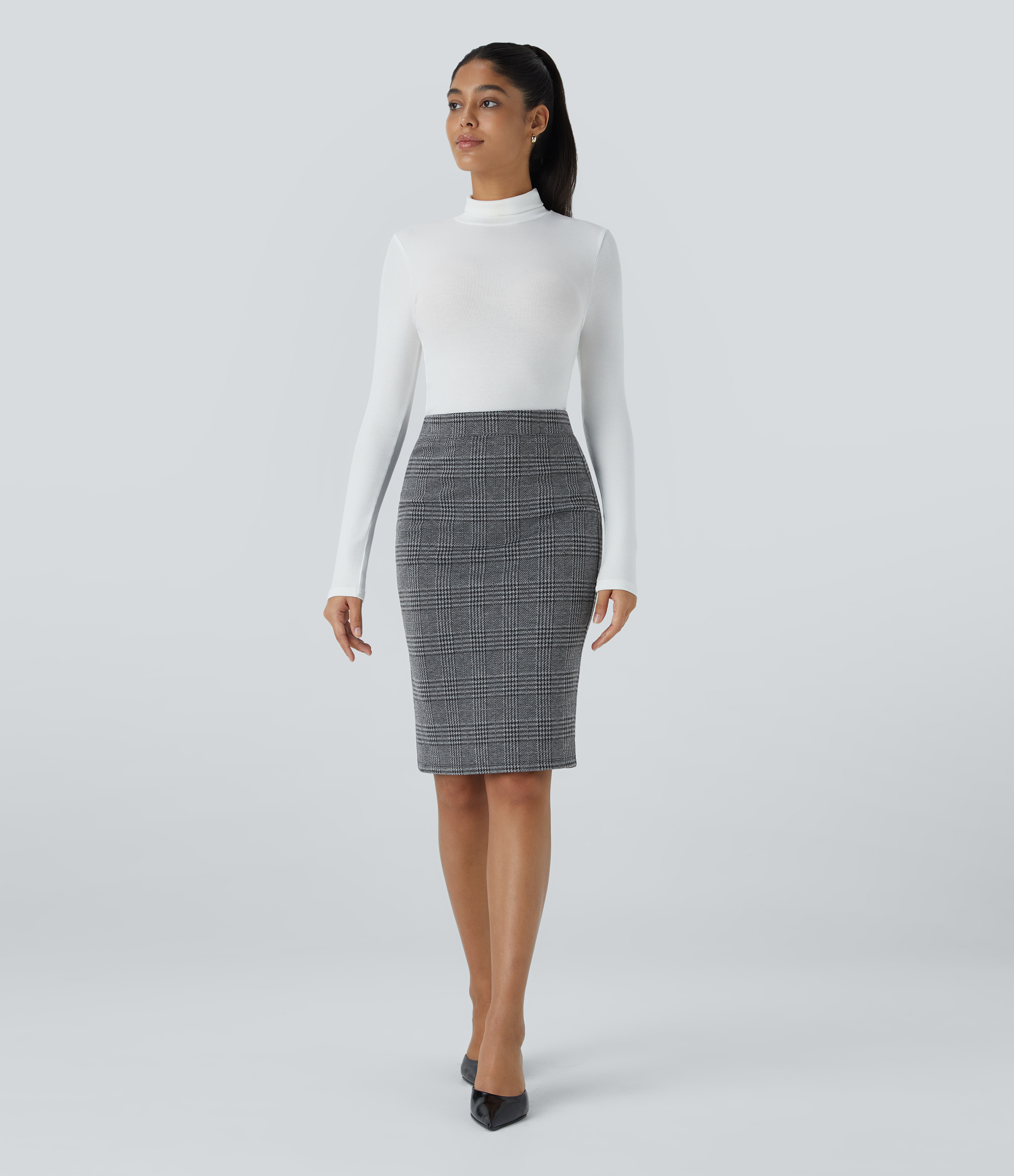 Halara High Waisted Split Hem Houndstooth Plaid Work Pencil Skirt  - Dark Gray Plaid - XS(regular) 