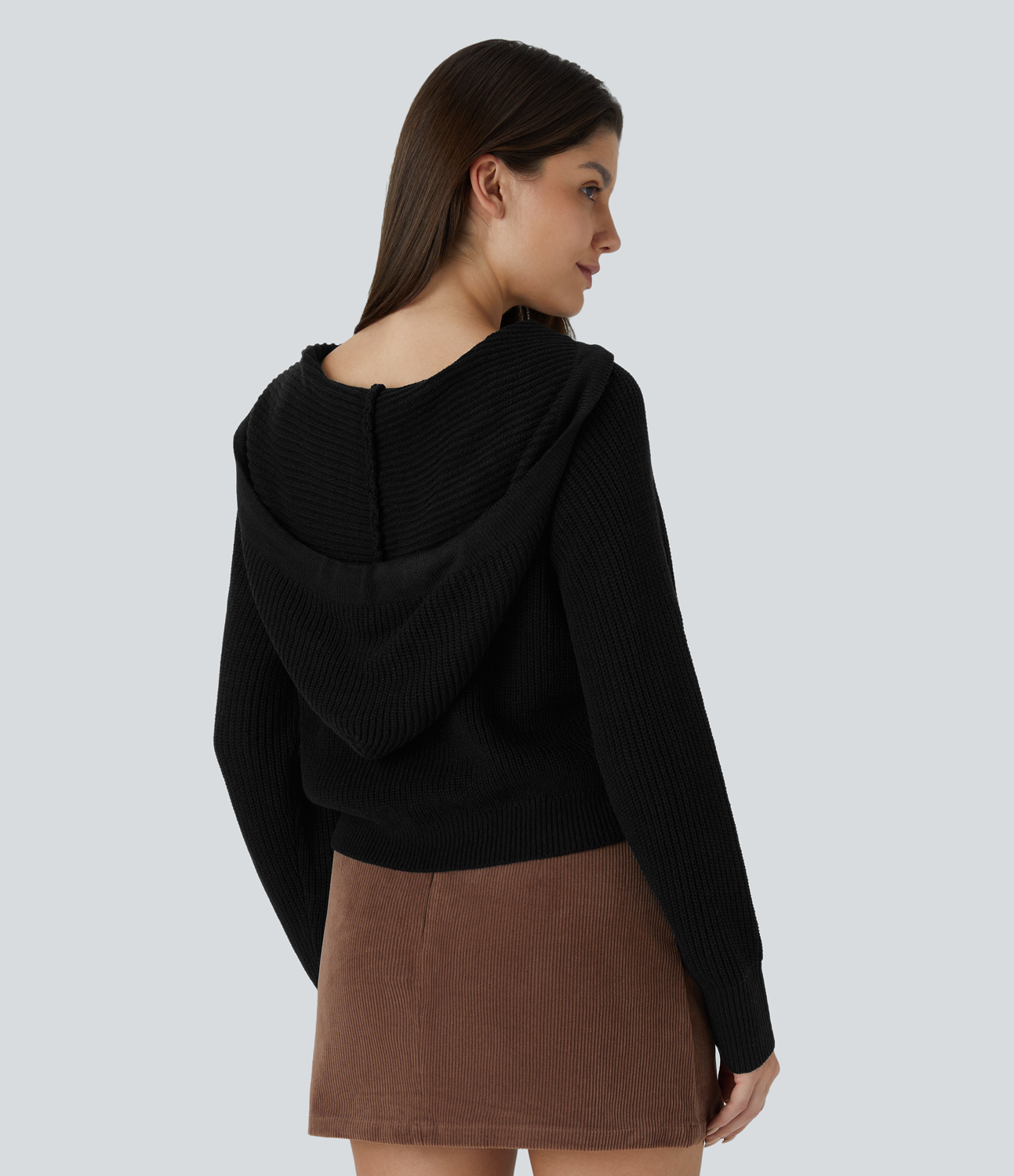 Halara Hooded Drawstring Long Sleeve Casual Sweater  - Black - L 