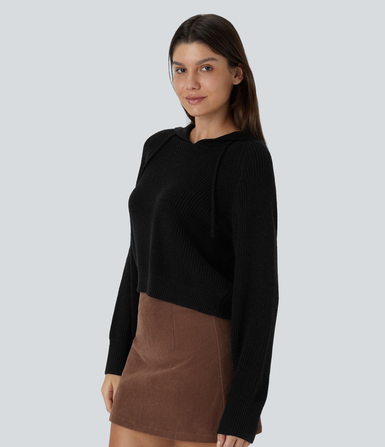 Halara Hooded Drawstring Long Sleeve Casual Sweater  - Black - L 
