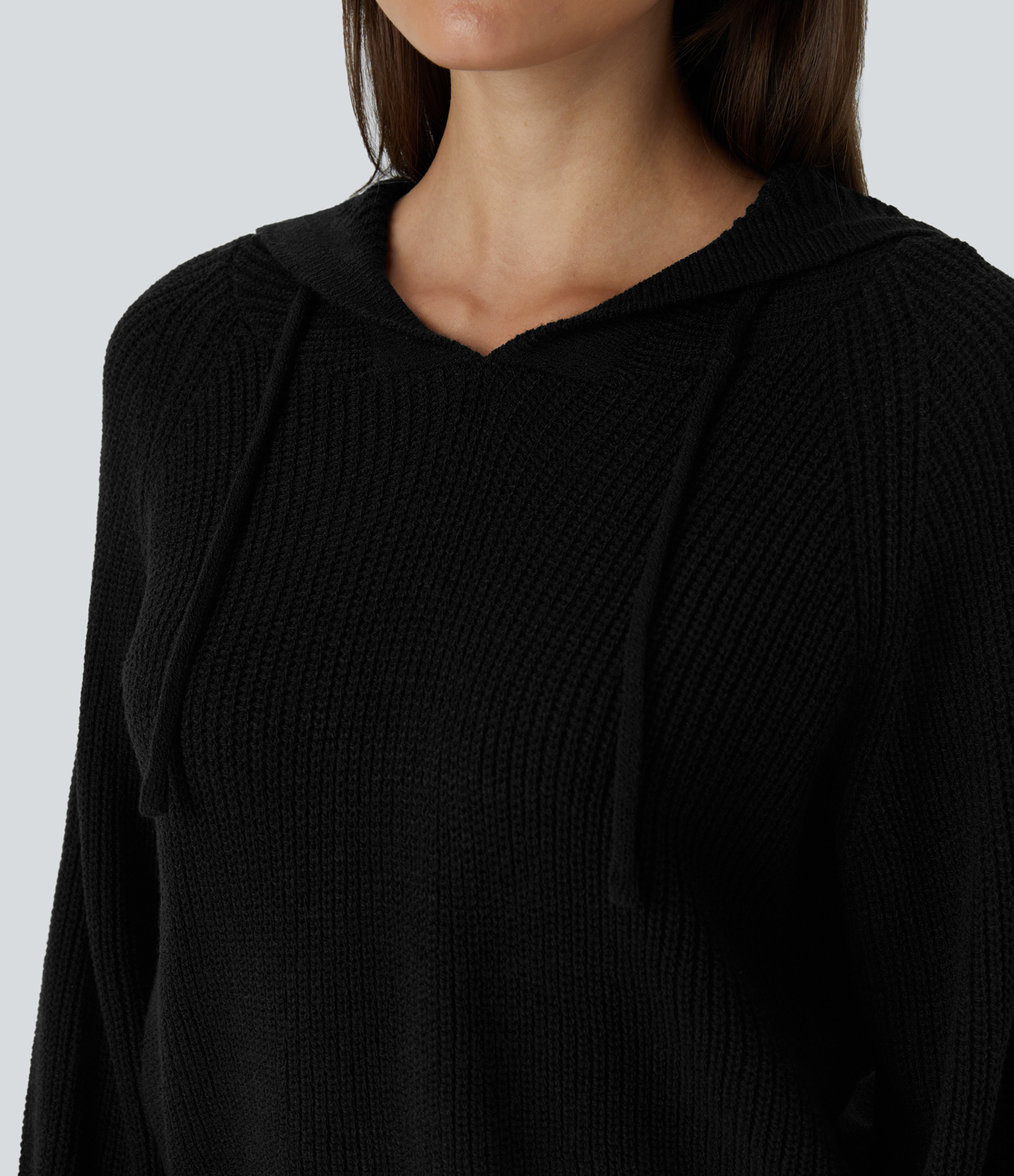 Halara Hooded Drawstring Long Sleeve Casual Sweater  - Black - L 