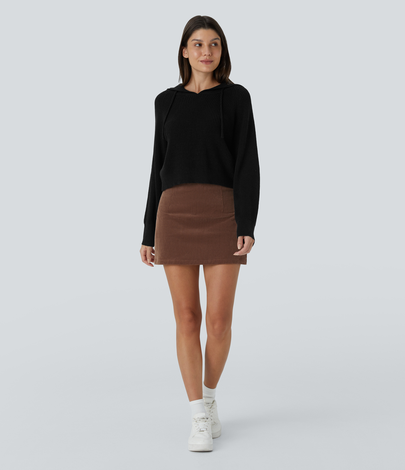 Halara Hooded Drawstring Long Sleeve Casual Sweater  - Black - L 