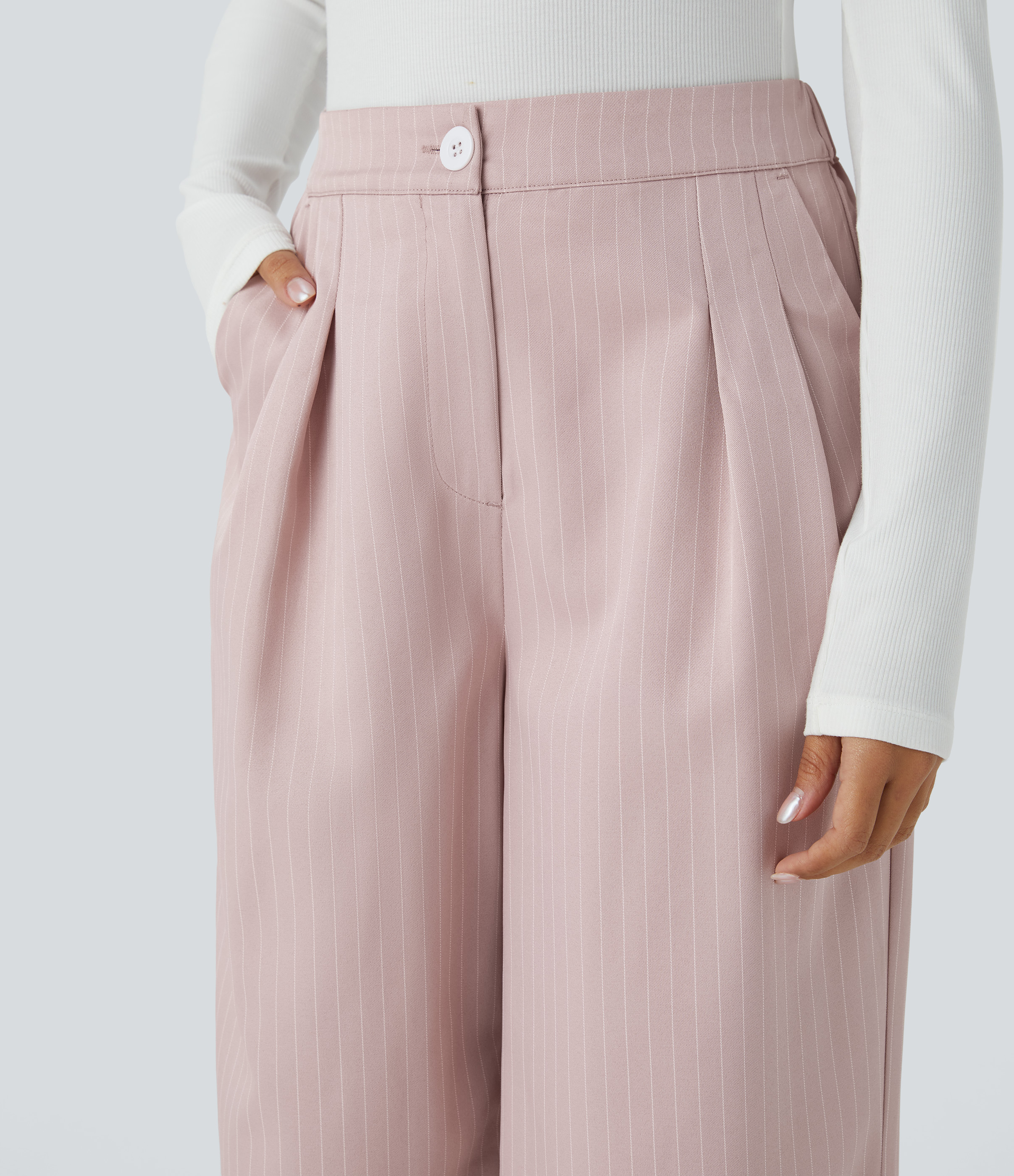 Halara High Waisted Button Zipper Side Pocket Wide Leg Striped Work Pants  - Rosette - XS(regular) sweatpants jogger pants stacked sweatpants 