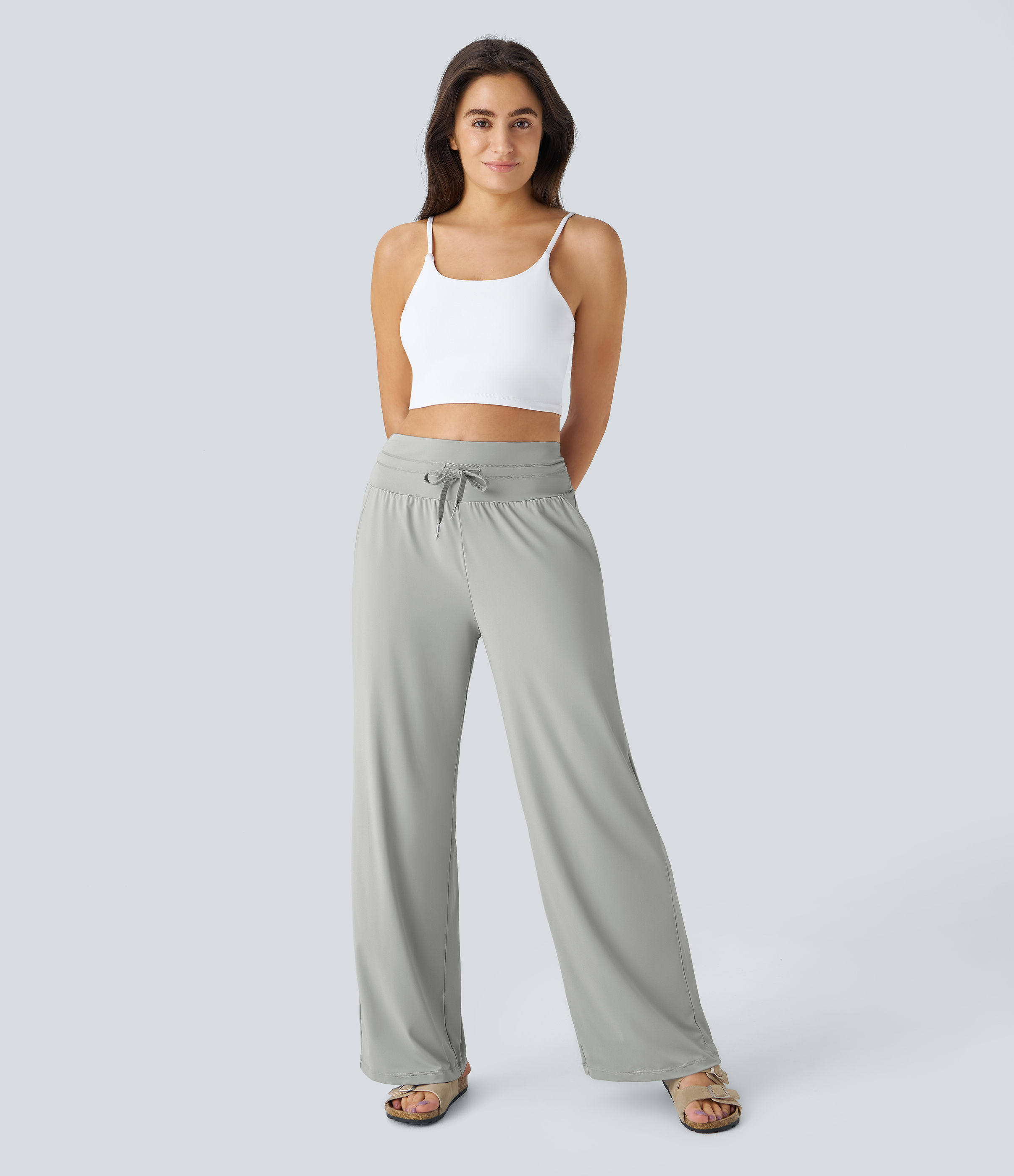 Halara High Waisted Drawstring Side Pocket Wide Leg Cool Touch Casual Pants  - Storm Gray - XL(regular) sweatpants jogger pants 