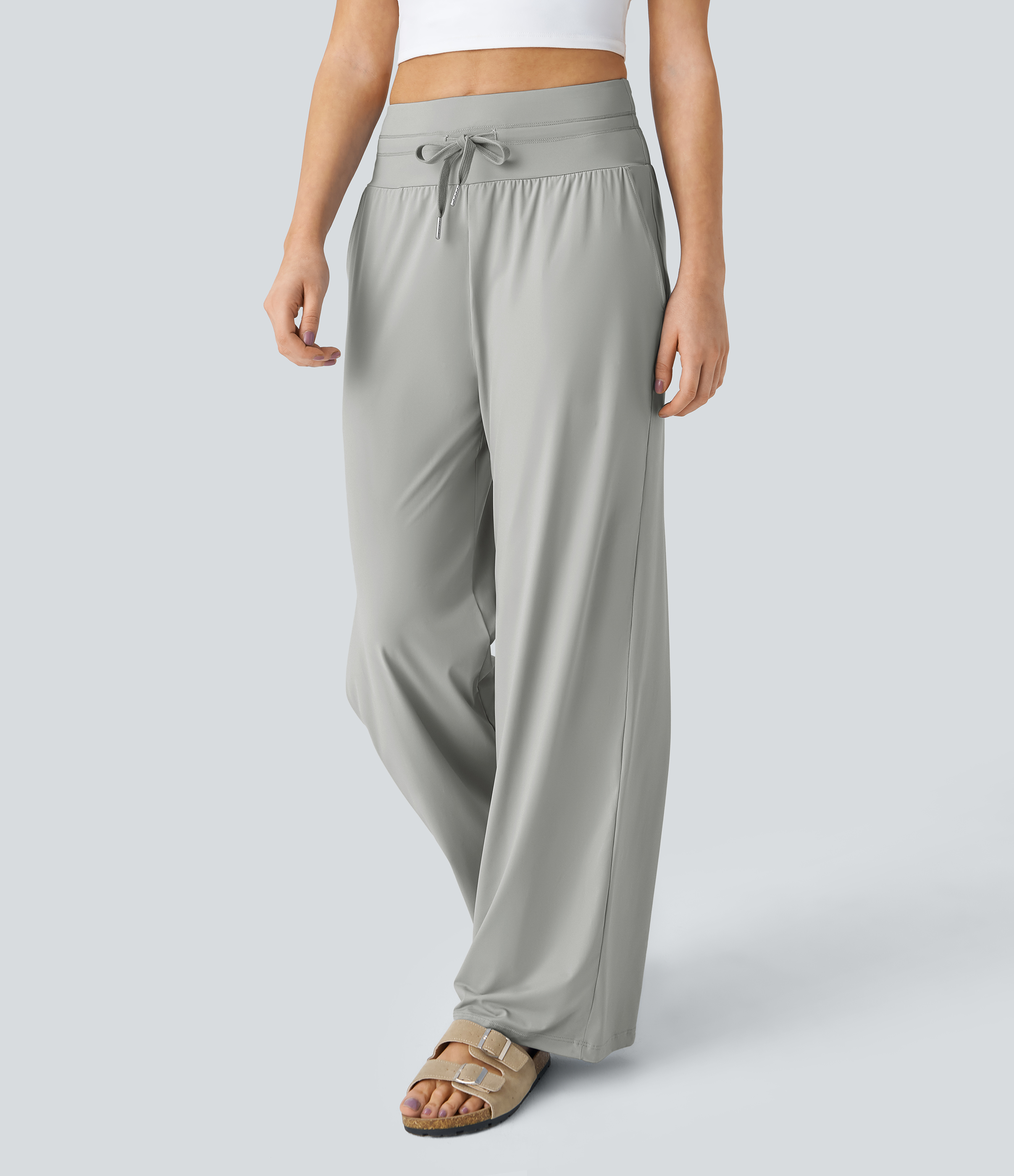 Halara High Waisted Drawstring Side Pocket Wide Leg Cool Touch Casual Pants  - Storm Gray - XL(regular) sweatpants jogger pants 