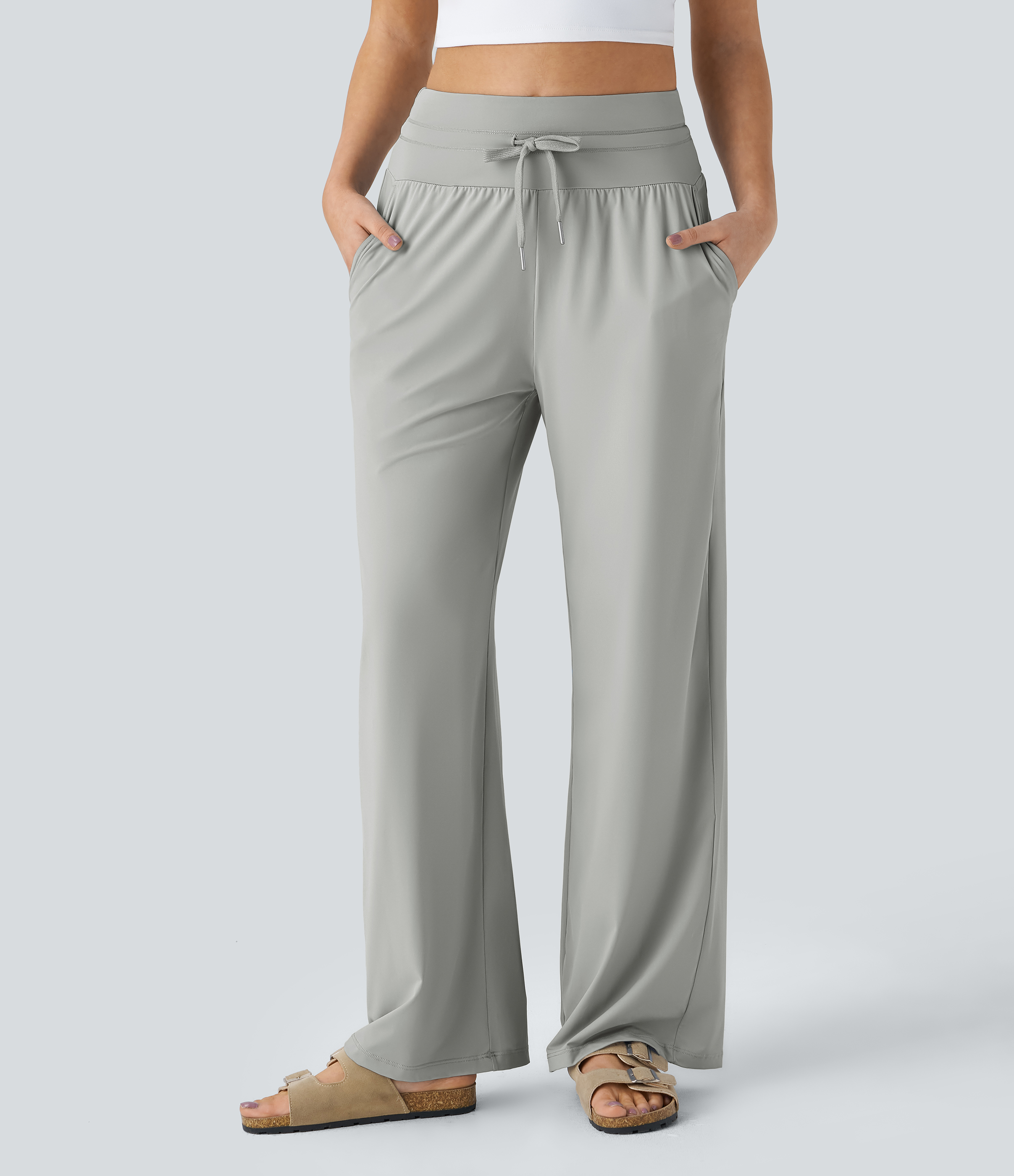 Halara High Waisted Drawstring Side Pocket Wide Leg Cool Touch Casual Pants  - Storm Gray - XL(regular) sweatpants jogger pants 