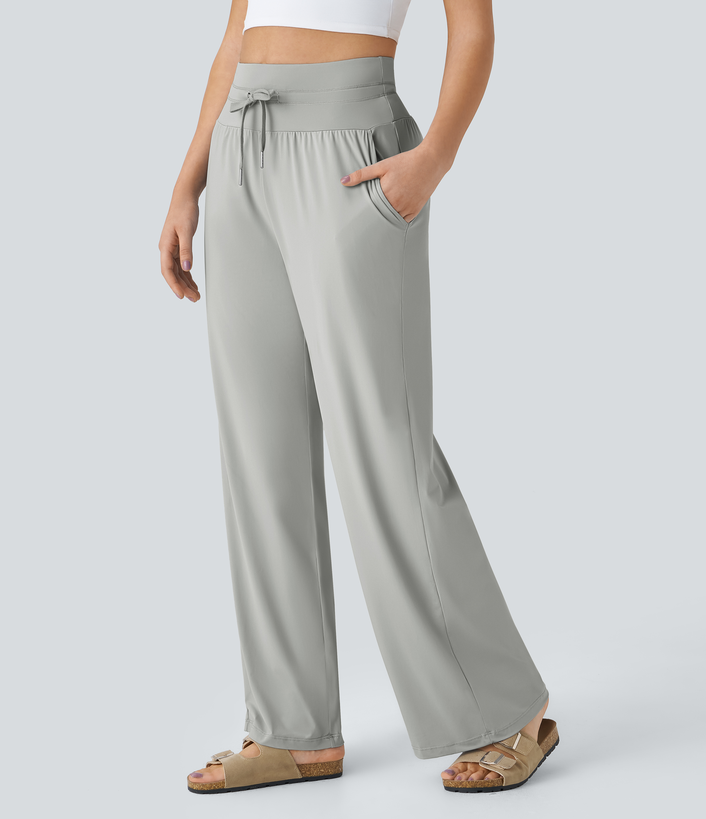 Halara High Waisted Drawstring Side Pocket Wide Leg Cool Touch Casual Pants  - Storm Gray - XL(regular) sweatpants jogger pants 