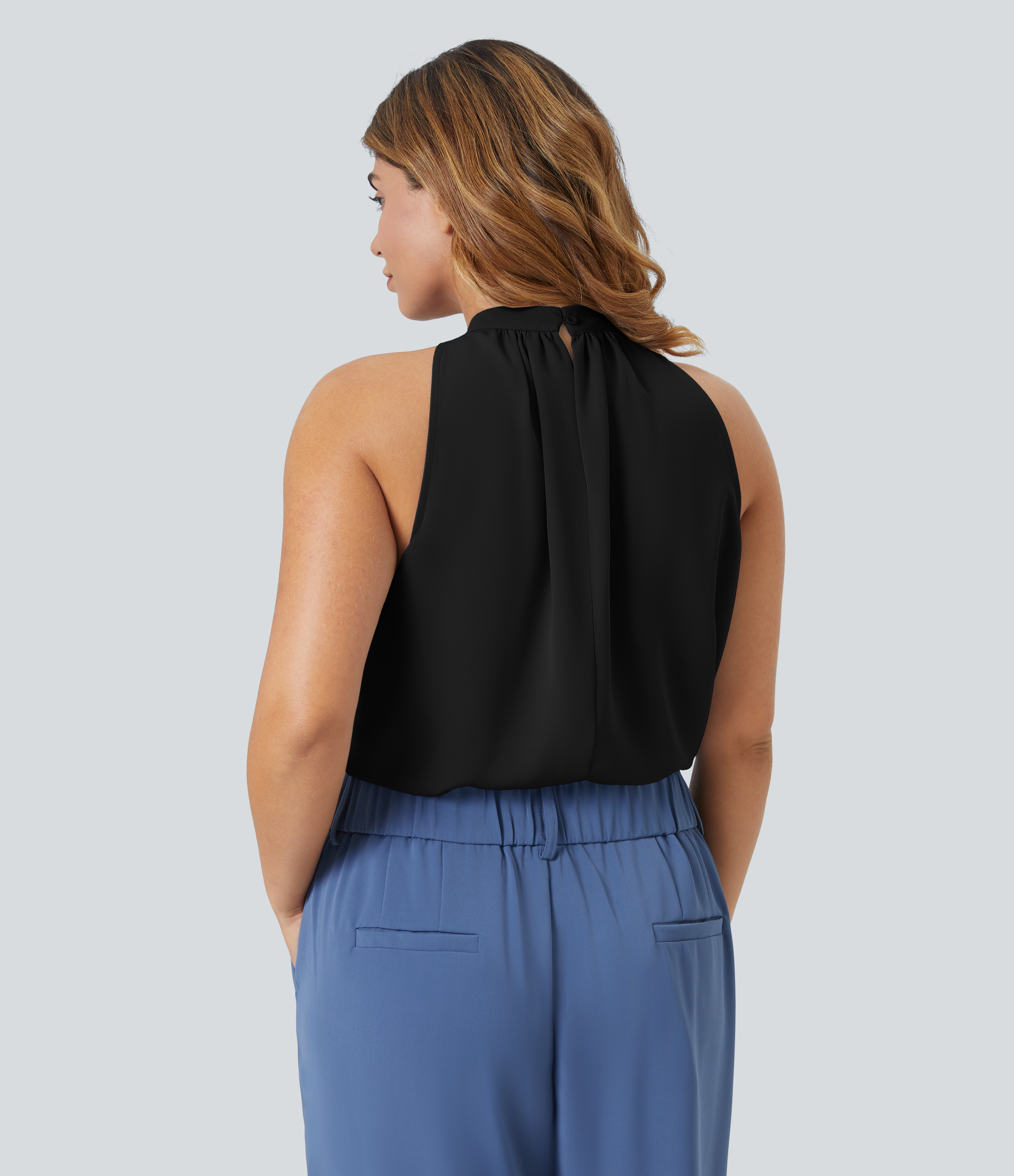 Black Keyhole Back Halter Sleeveless Curved Hem Work Plus Size Blouse / 2