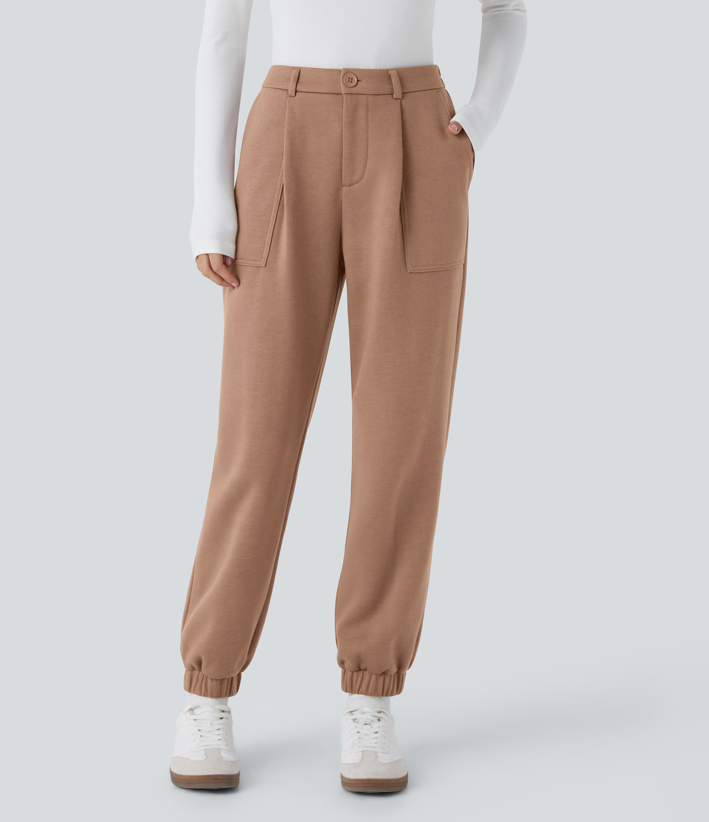 Halara High Waisted Button Zipper Side Pocket Fleece Casual Joggers  - Mocha Mousse - S(regular) 