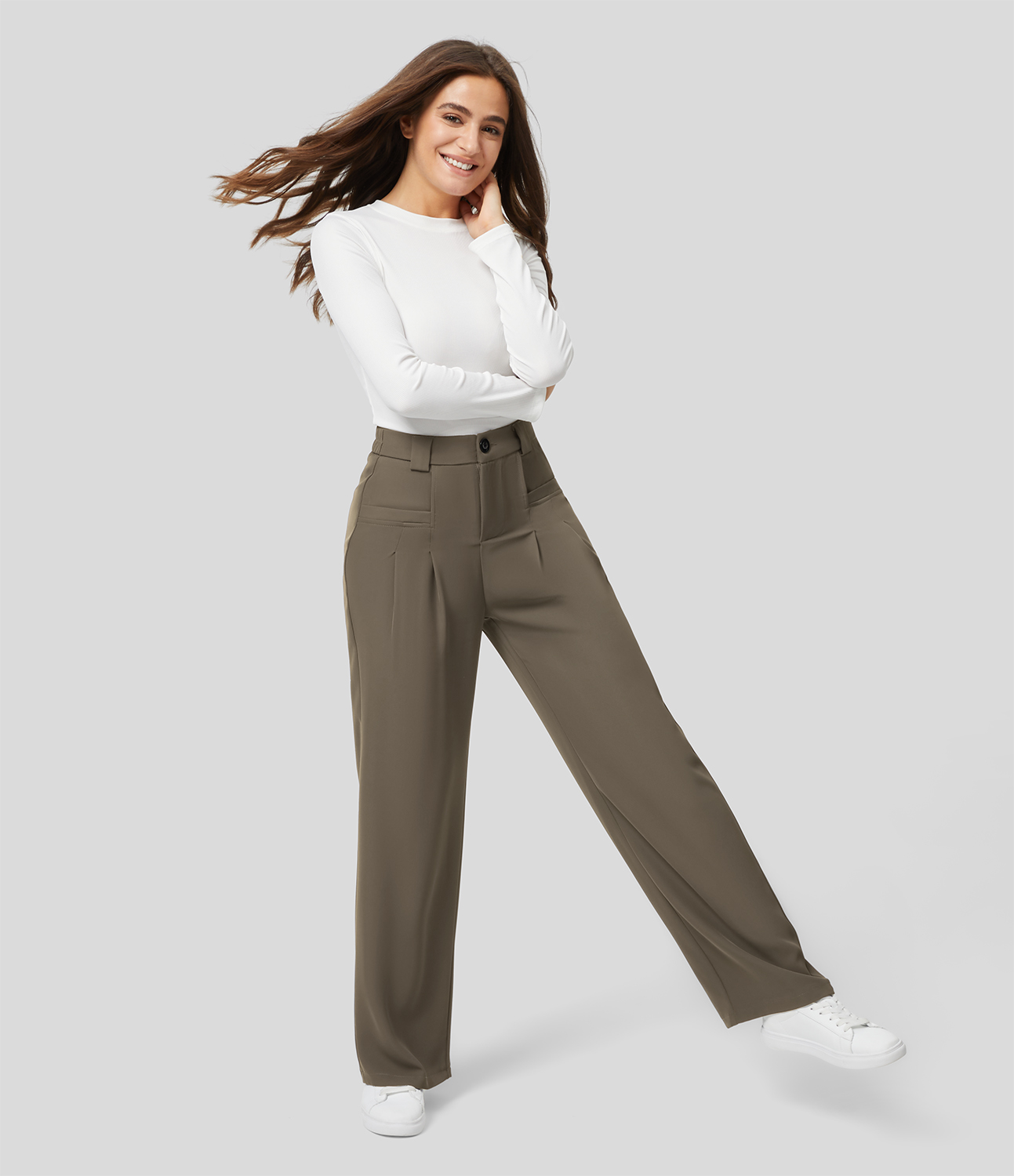 Halara High Waisted Button Zipper Plicated Side Pocket Straight Leg Work Pants  - Stone Gray - M(regular) sweatpants jogger pants 
