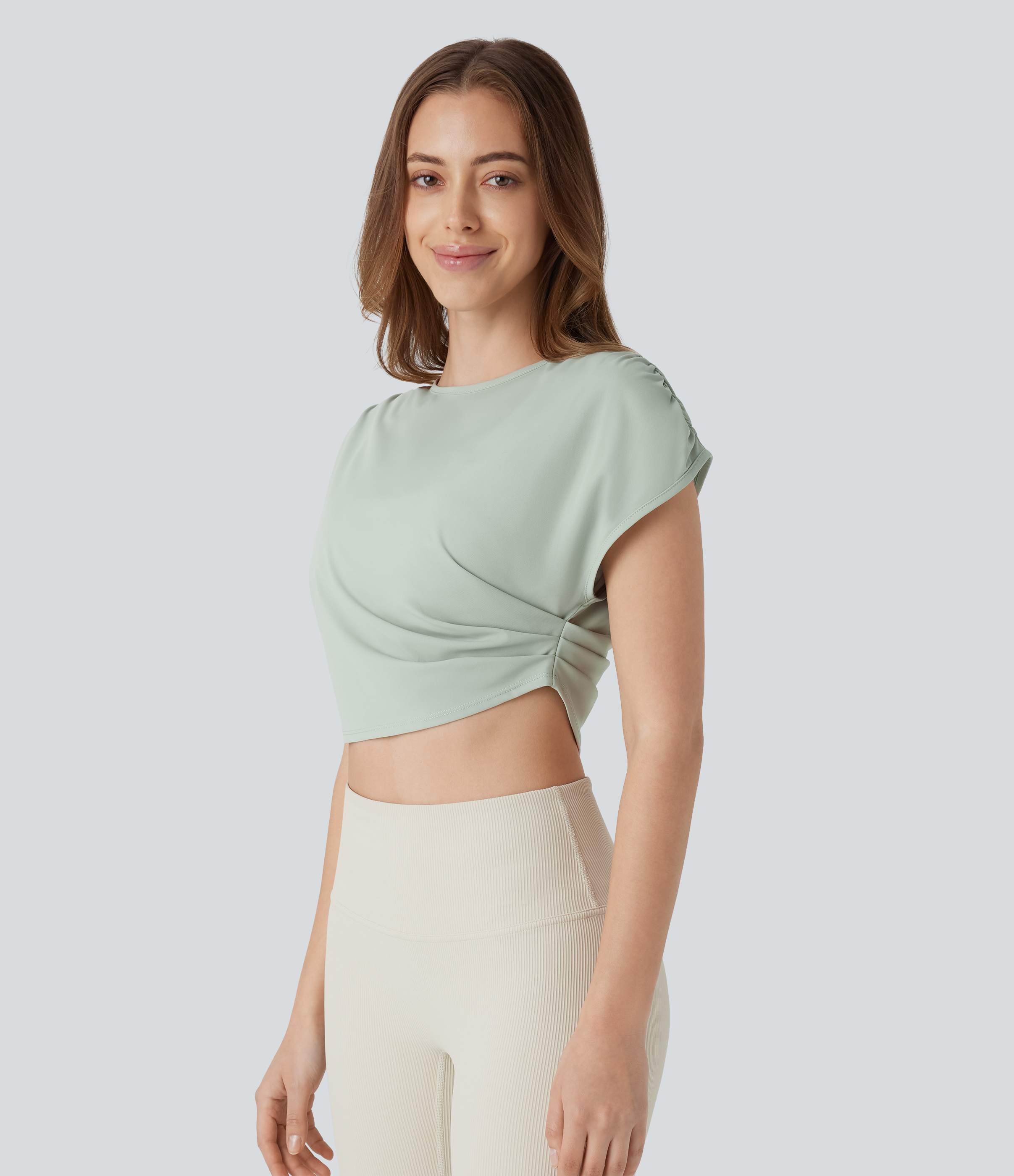 Halara Ruched Cropped Running Tank Top Tank Top - Stone Blue - XS golf tops halter top tunic tops sleeveless tops backless top 