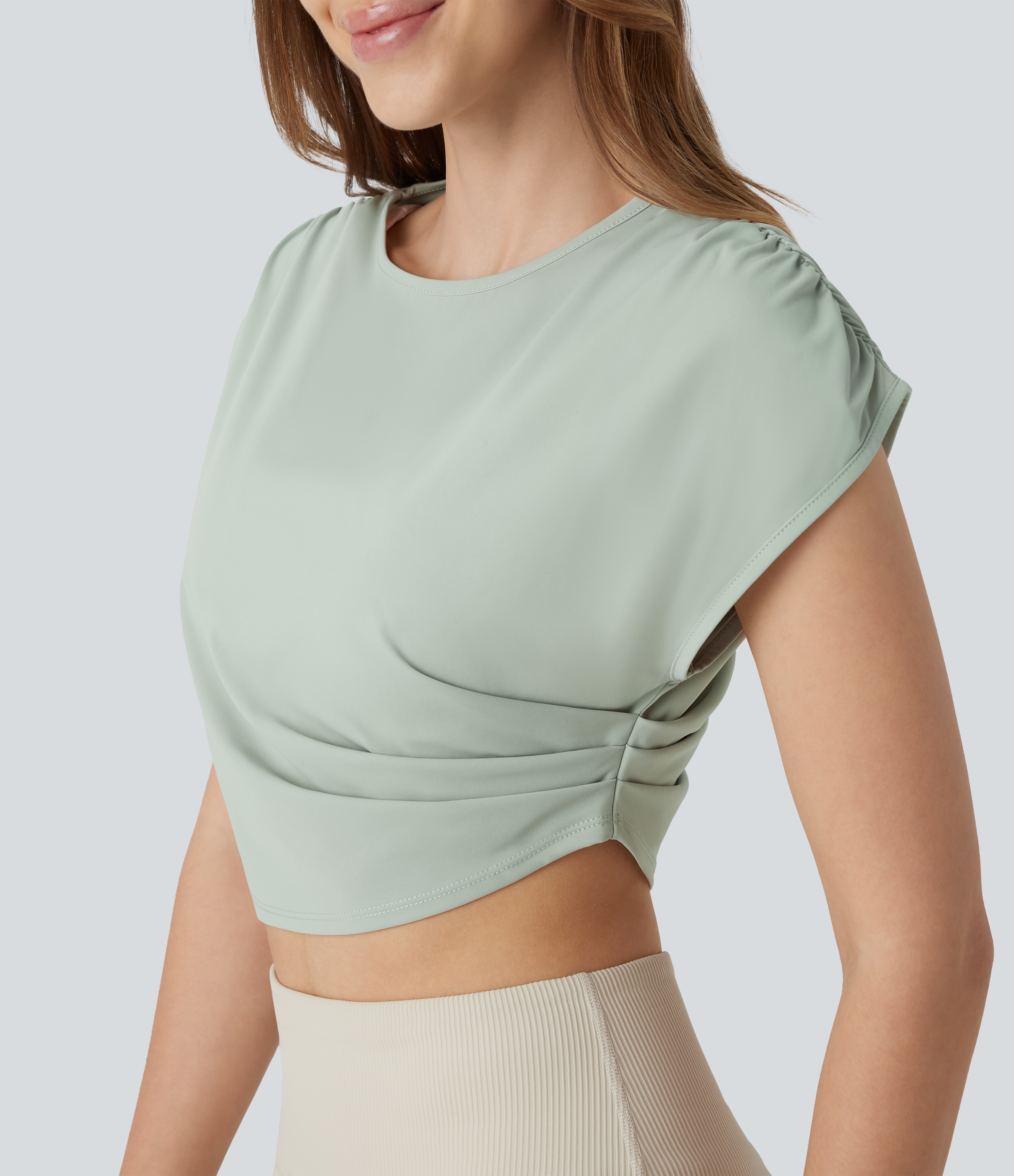 Halara Ruched Cropped Running Tank Top Tank Top - Stone Blue - XS golf tops halter top tunic tops sleeveless tops backless top 