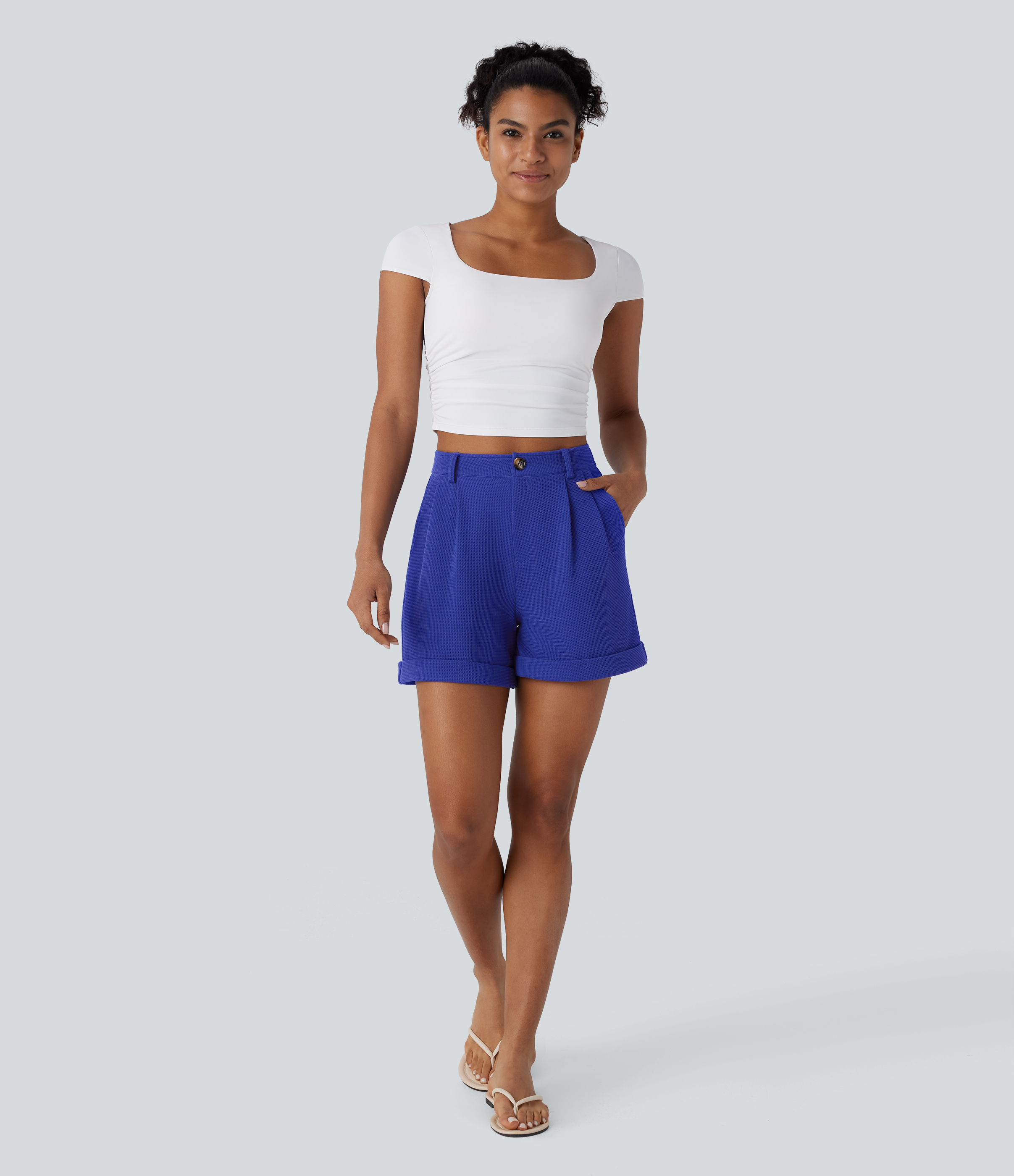 Halara High Waisted Button Zipper Side Pocket Waffle Casual Shorts  - Deep Space Blue - XS booty shorts compression shorts yoga shorts 