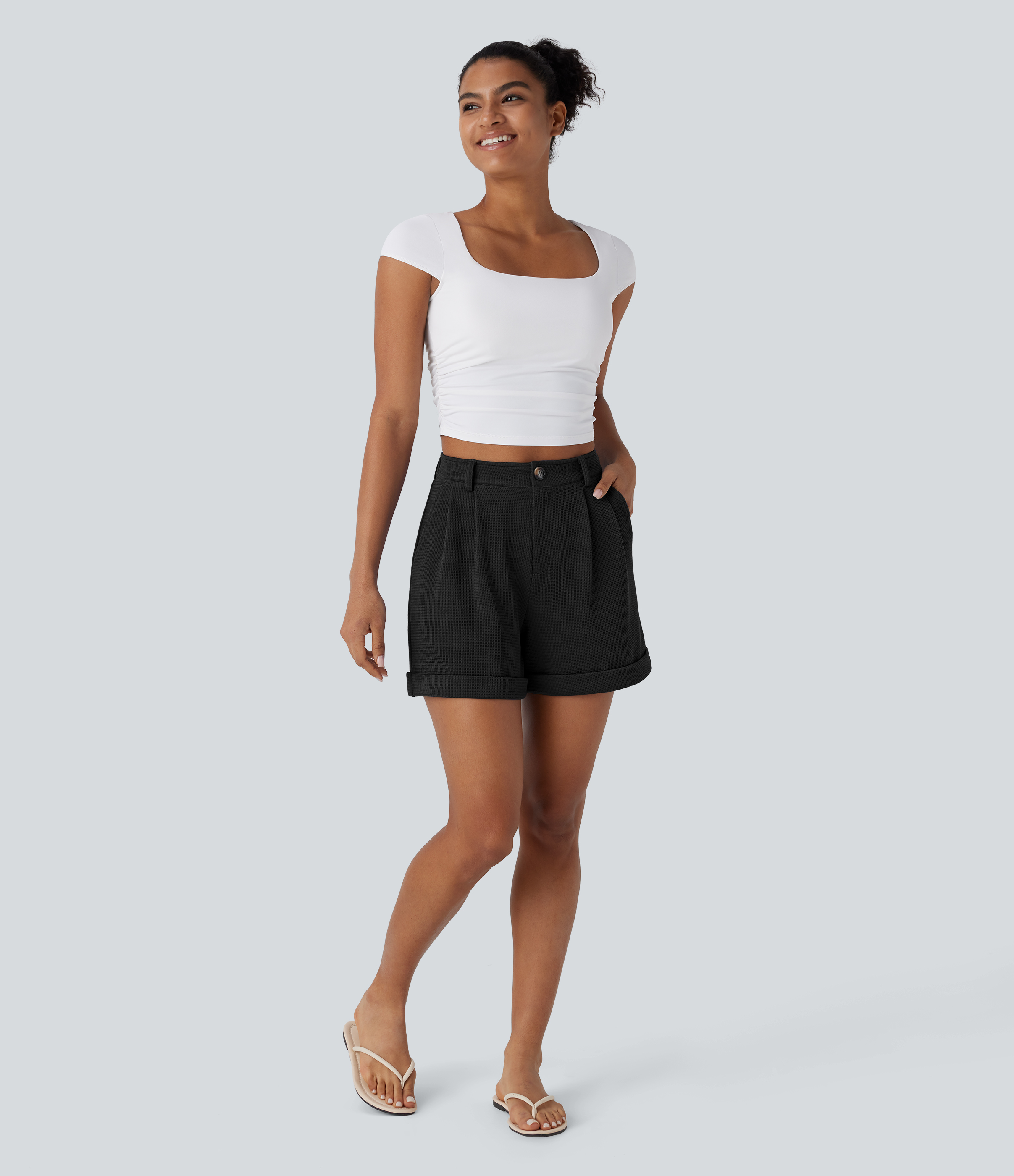 Halara High Waisted Button Zipper Side Pocket Waffle Casual Shorts  - Black - XL booty shorts compression shorts yoga shorts 