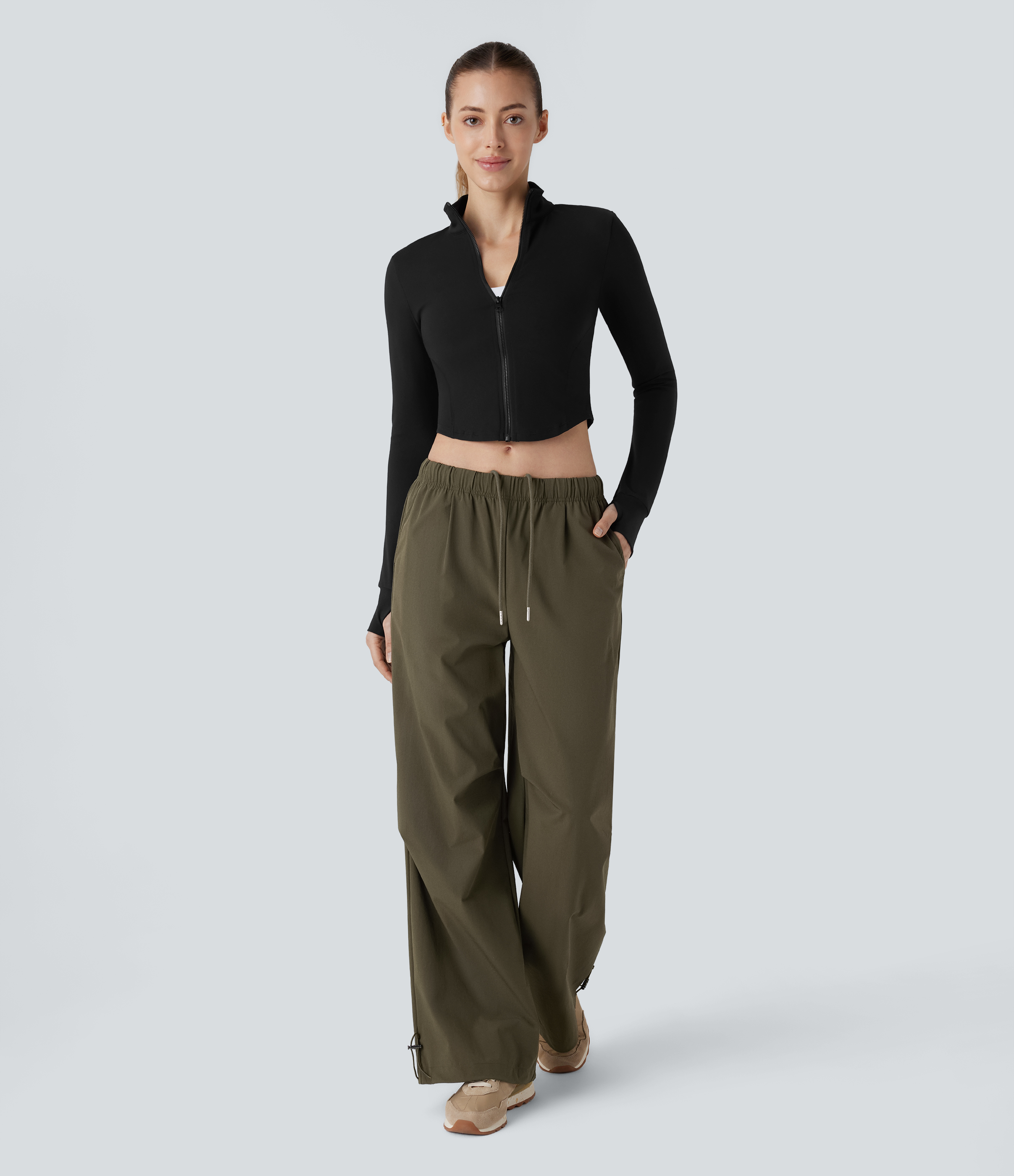 Halara Low Rise Drawstring Side Pocket Adjustable Hem Baggy Wide Leg Workout Pants  - Twilight Green - XS(regular) 