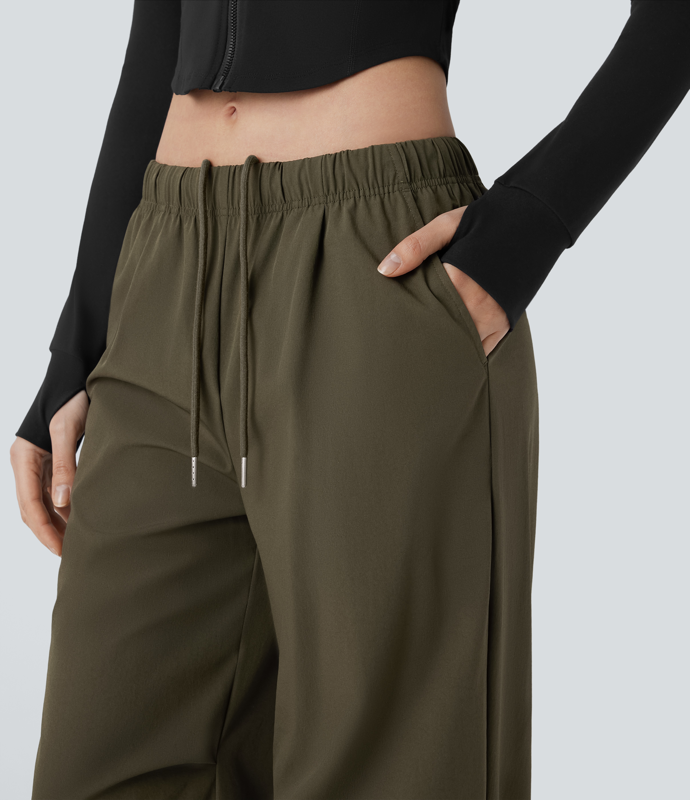 Halara Low Rise Drawstring Side Pocket Adjustable Hem Baggy Wide Leg Workout Pants  - Twilight Green - XS(regular) 