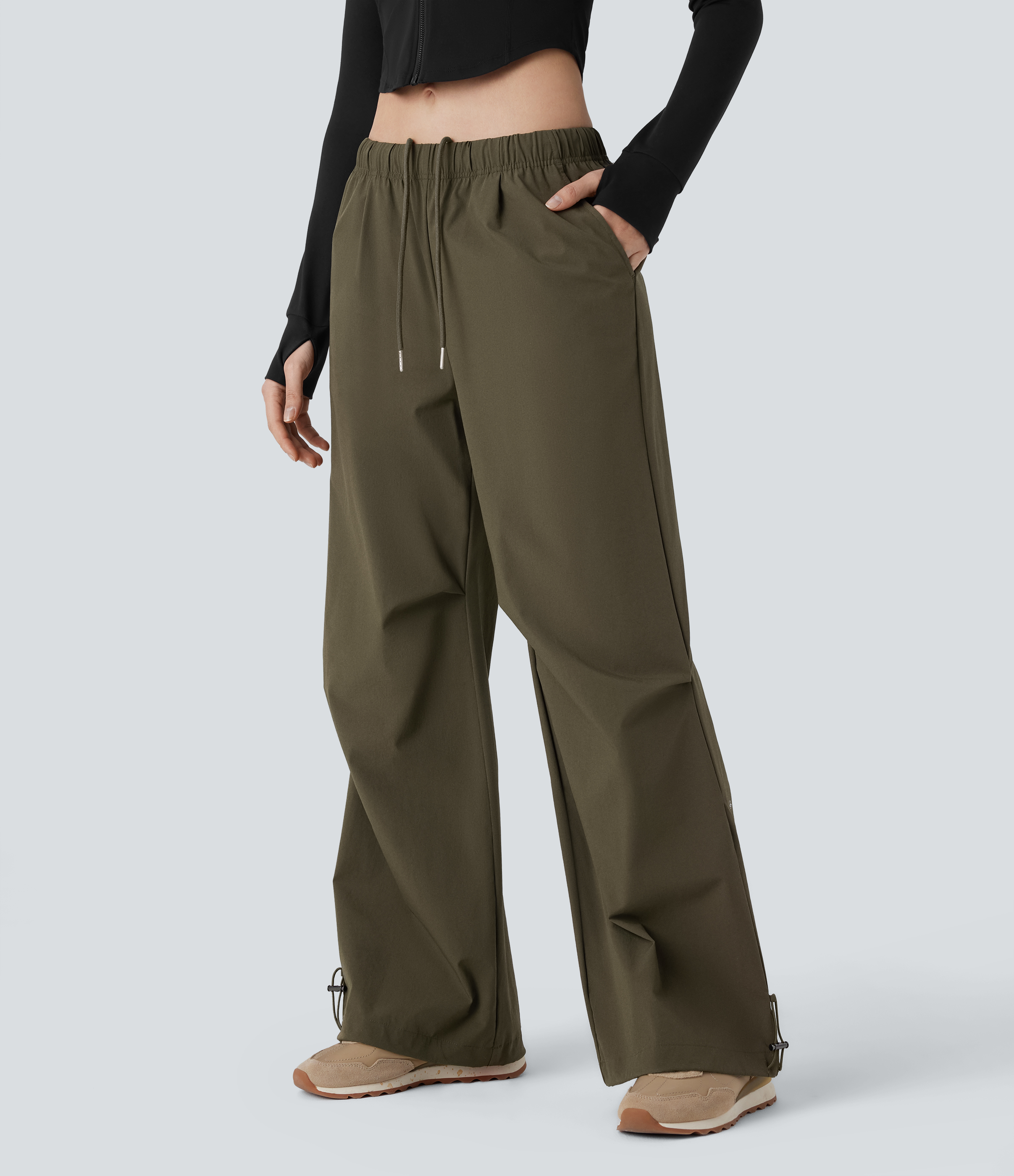 Halara Low Rise Drawstring Side Pocket Adjustable Hem Baggy Wide Leg Workout Pants  - Twilight Green - XS(regular) 