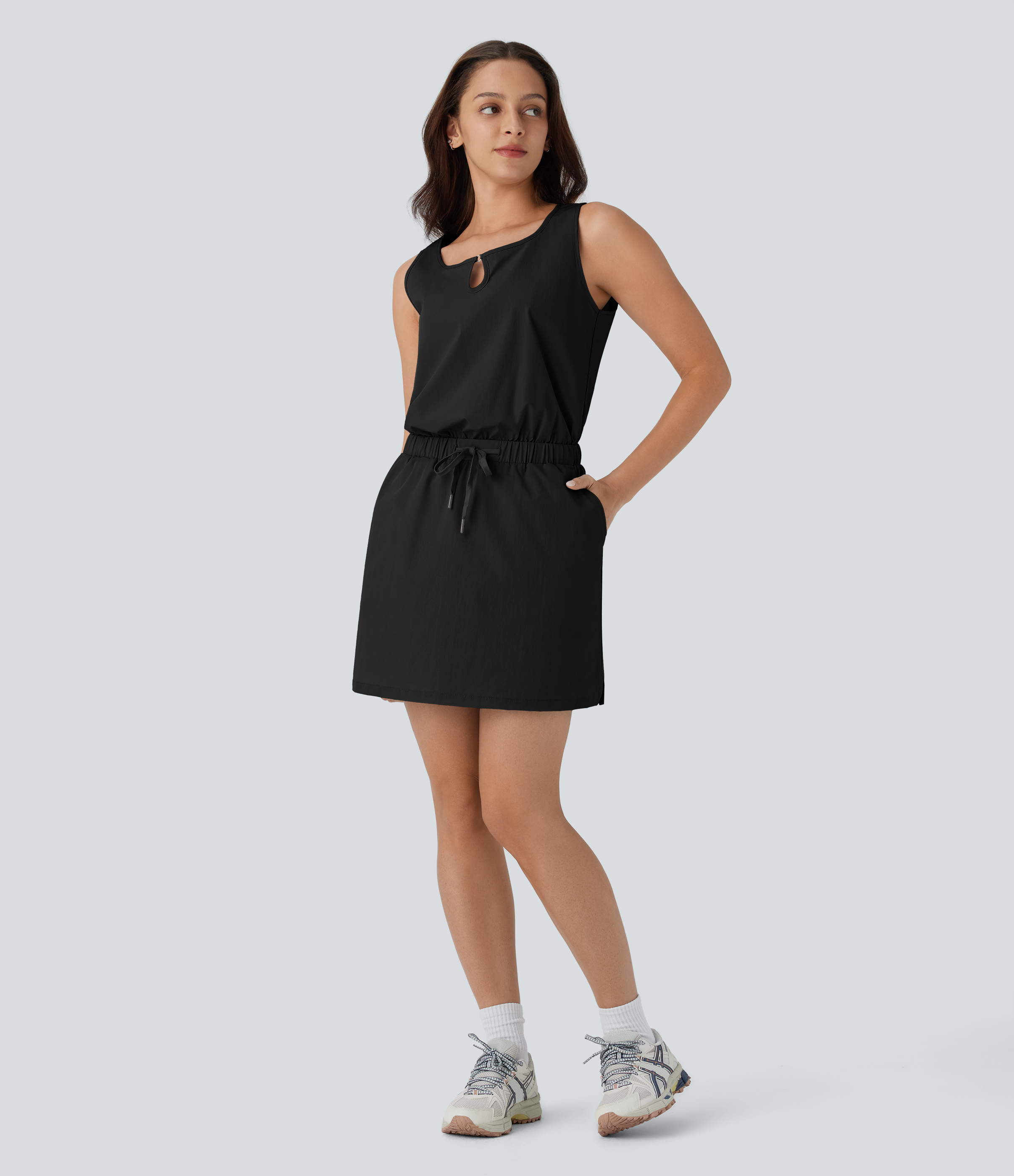 Halara Water Repellent Wear-Resistant Sleeveless Cut Out Drawstring Side Pockets Mini Hiking Active Dress Workout Dress - Black - L 