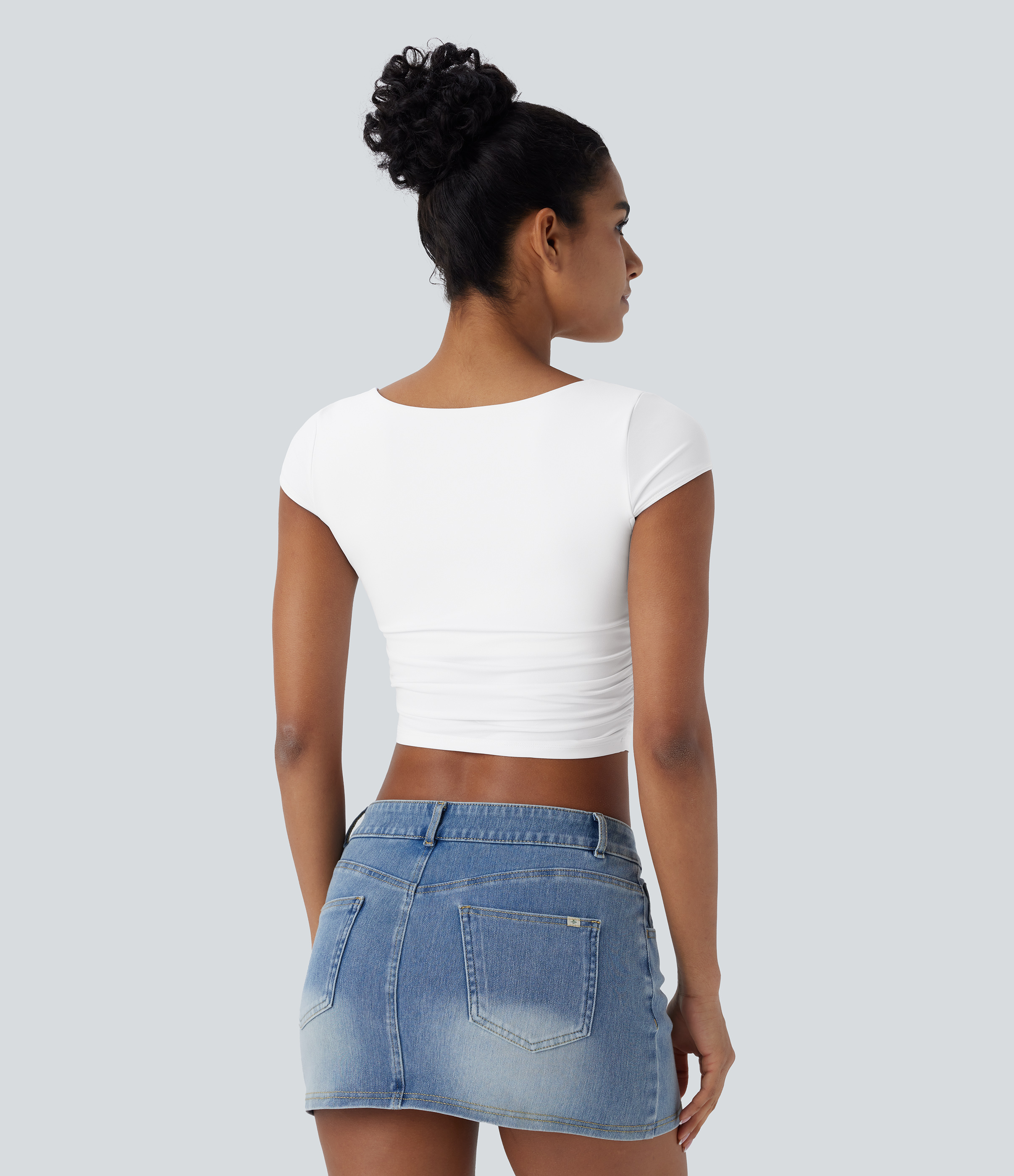 Halara Square Neck Cap Sleeve Ruched Skinny Cropped Casual Baby Tee Tank Top - White - XL golf tops halter top tunic tops sleeveless tops 
