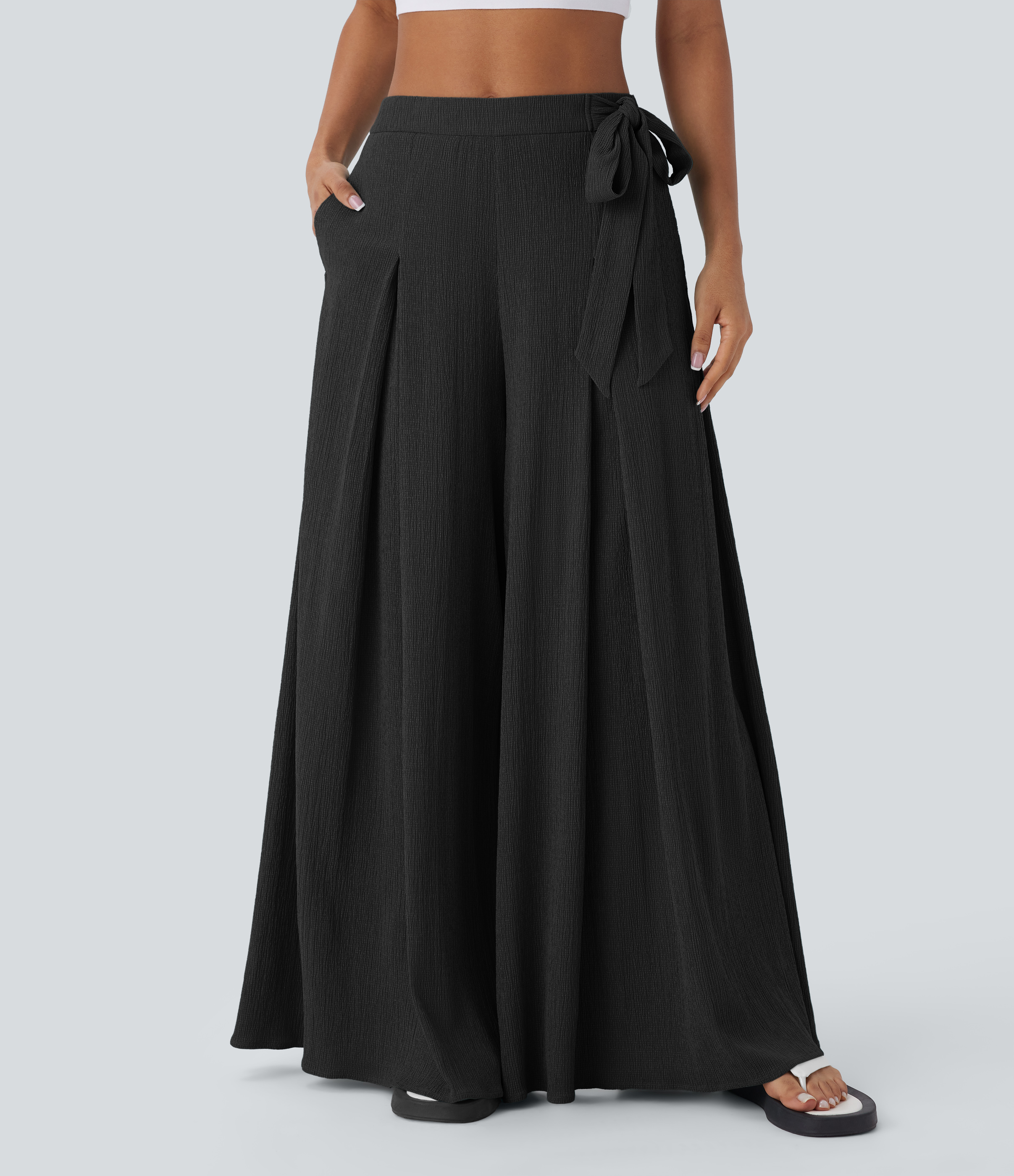 Halara High Waisted Tie Side Pocket Flowy Wide Leg Casual Pants  - Black - S(regular) sweatpants jogger pants stacked sweatpants 