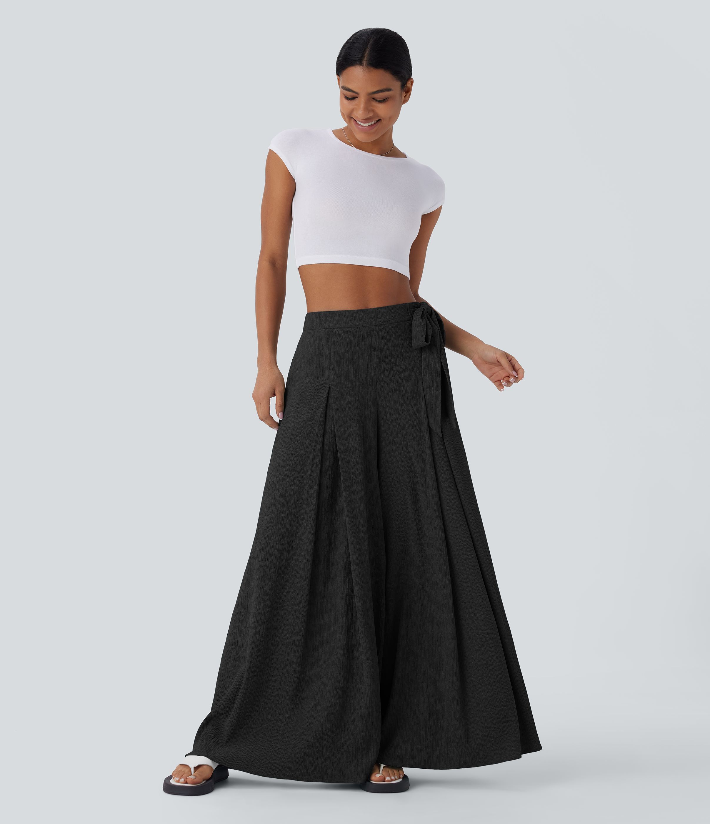 Halara High Waisted Tie Side Pocket Flowy Wide Leg Casual Pants  - Black - S(regular) sweatpants jogger pants stacked sweatpants 