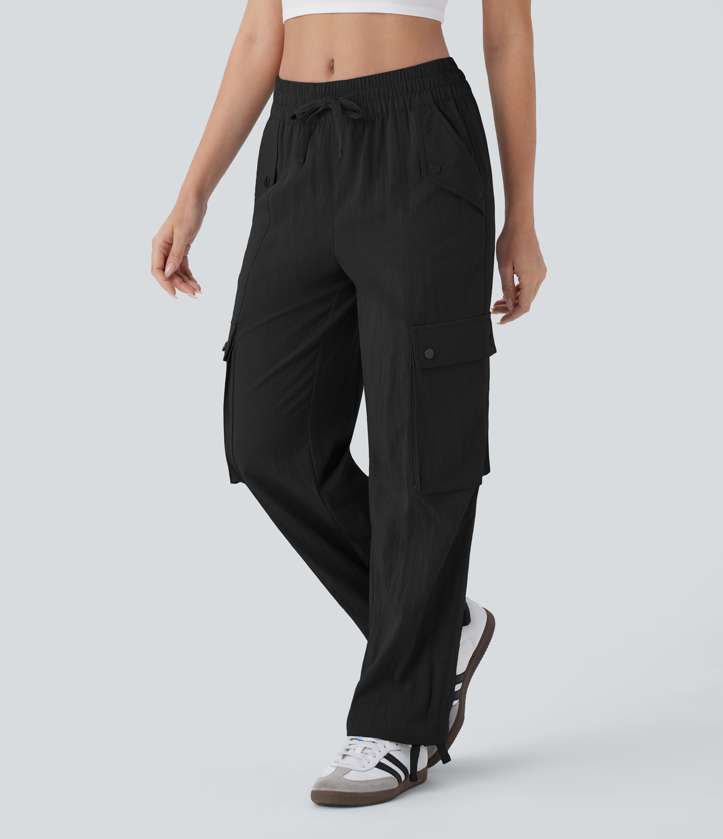 Halara Mid Rise Multiple Pockets Drawstring Hem Cargo Casual Pants  - Black - S(regular) 