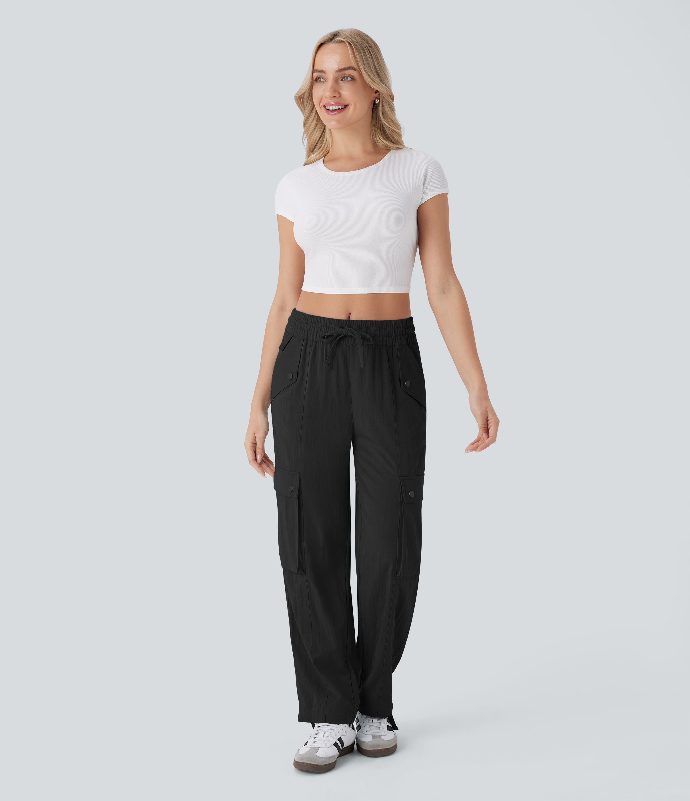 Halara Mid Rise Multiple Pockets Drawstring Hem Cargo Casual Pants  - Black - S(regular) 