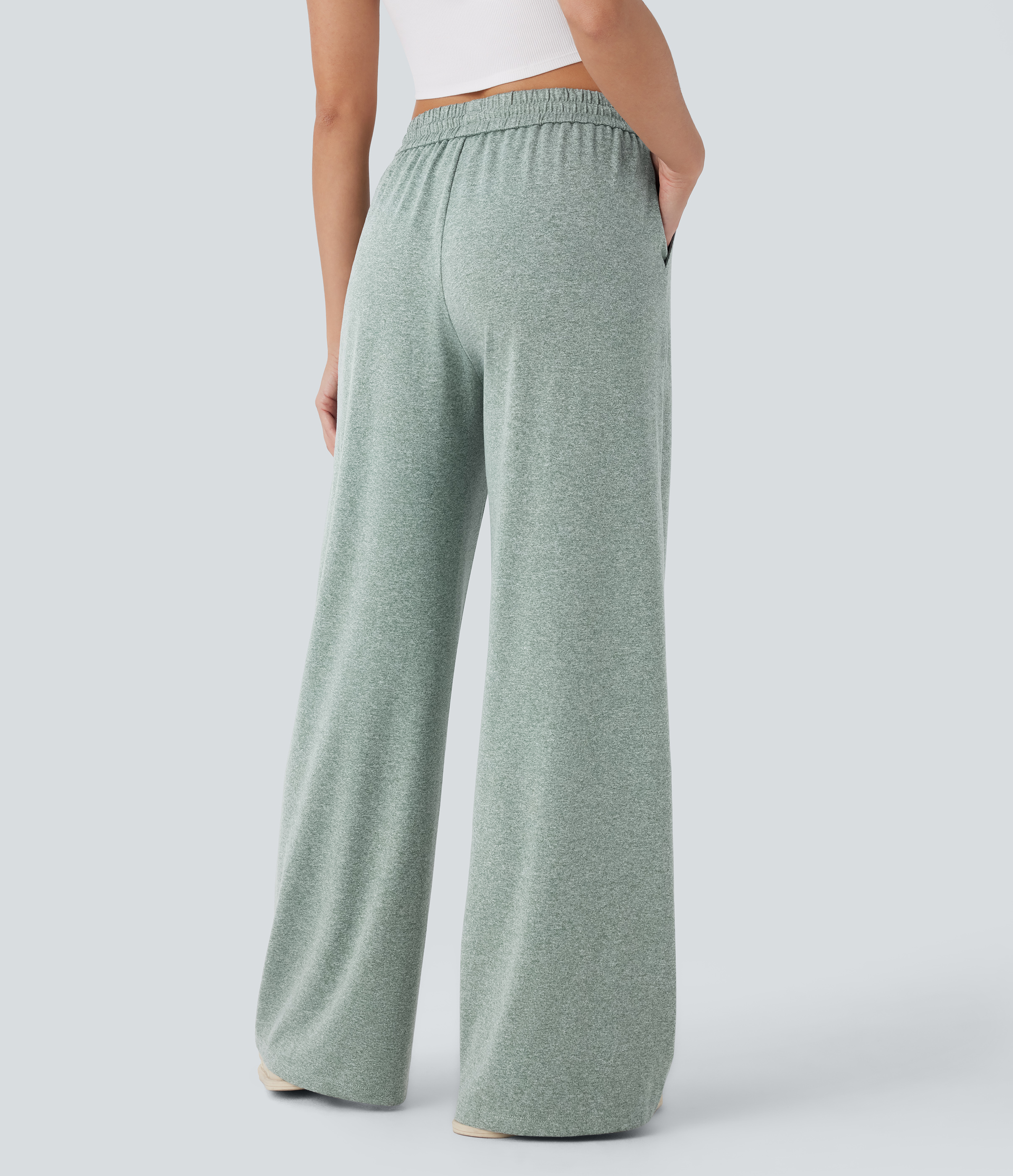 Halara High Waisted Drawstring Side Pocket Wide Leg Casual Pants  - Mottled Pine Green - XS(regular) sweatpants jogger pants 