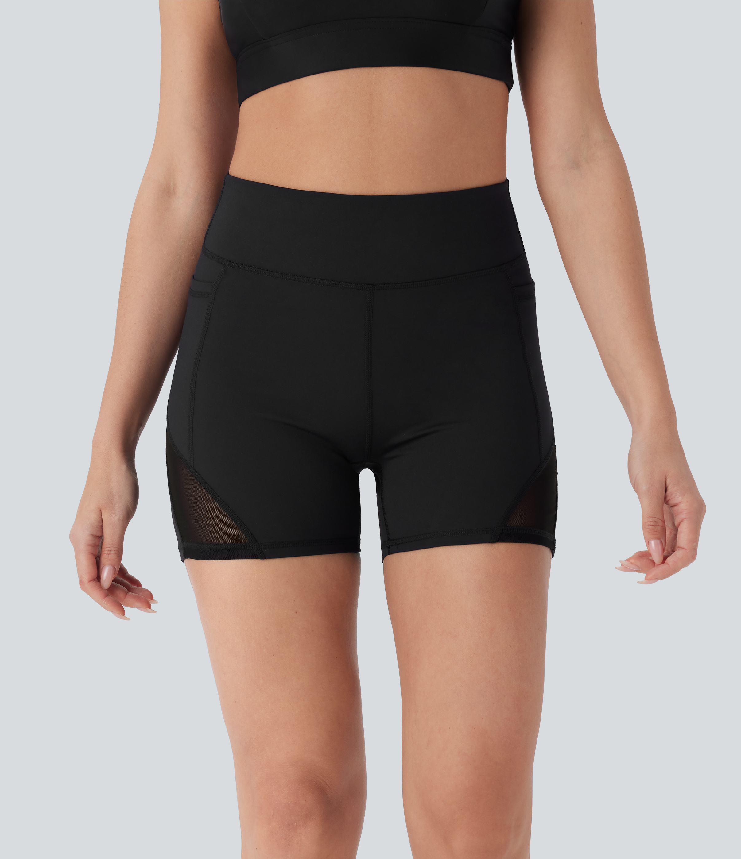 Halara HaloTek Airв„ў High Waisted Side Pocket Contrast Mesh Yoga Biker Shorts 4``  - Black - S biker shorts women black biker shorts 